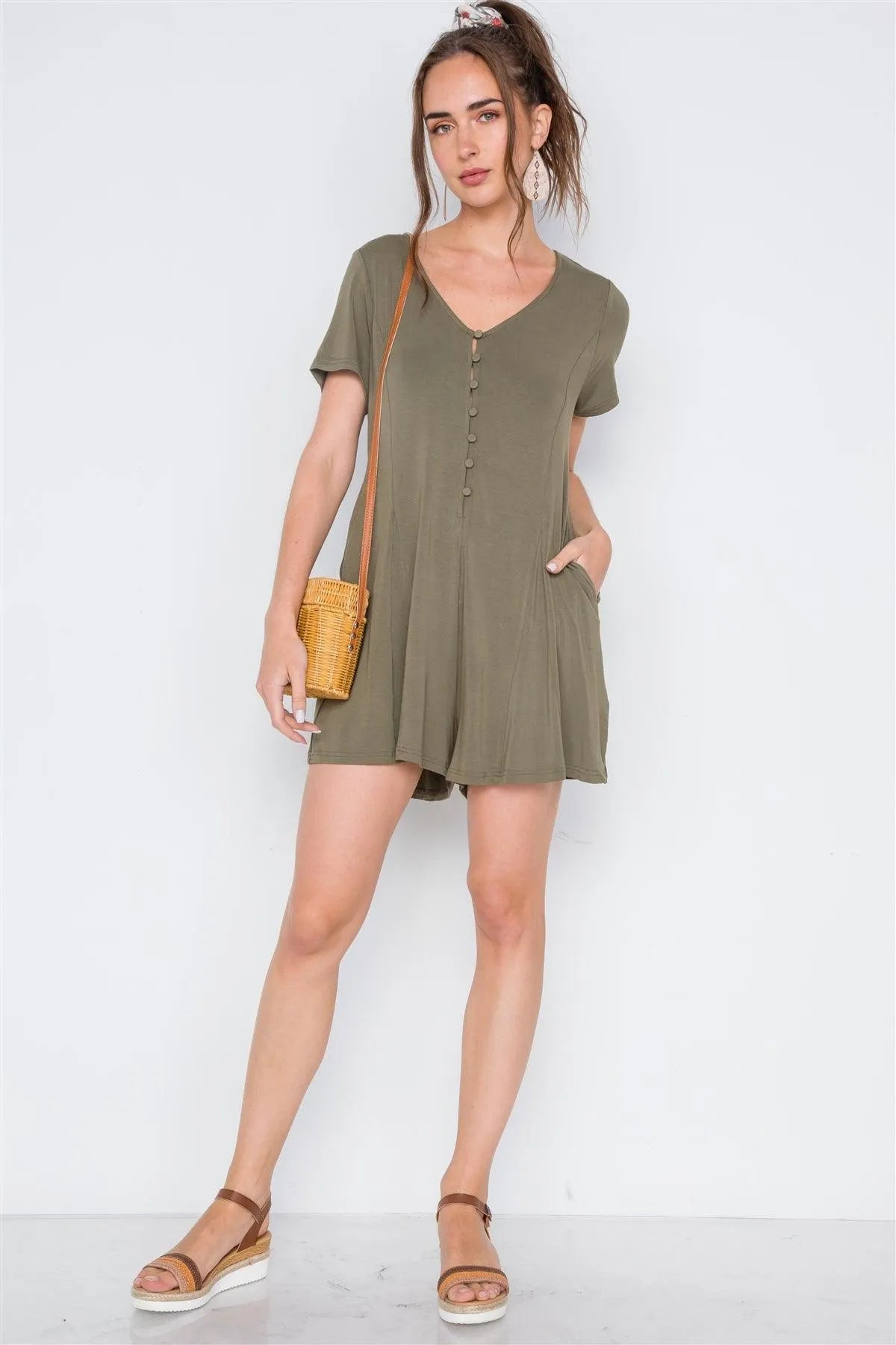 Olive Solid Short Sleeve Button Down Romper /2-2-2 - Tasha Apparel Wholesale
