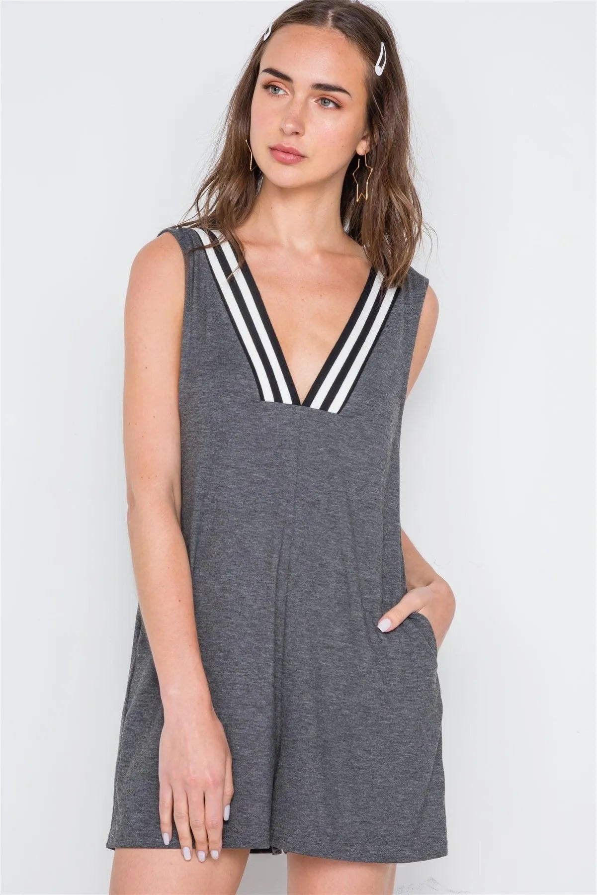Charcoal Contrast V-Neck Loose Fit Romper /2-2-2 - Tasha Apparel Wholesale