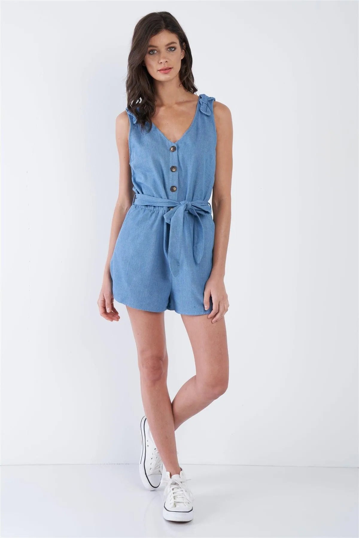 Indigo Blue Cotton V-Neck Front Button Short Romper /2-2-2 - Tasha Apparel Wholesale