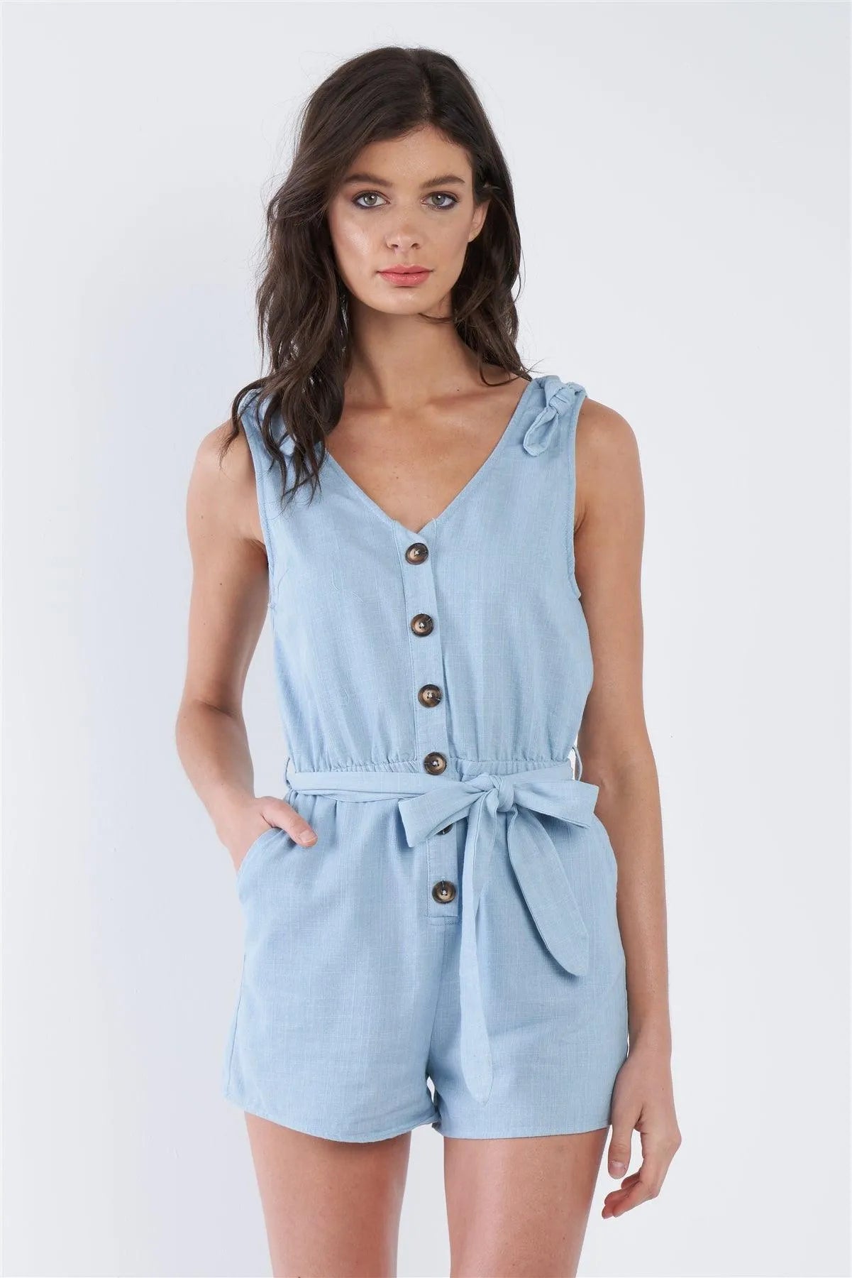 Light Denim Blue Cotton V-Neck Front Button Short Romper /2-1-1 - Tasha Apparel Wholesale