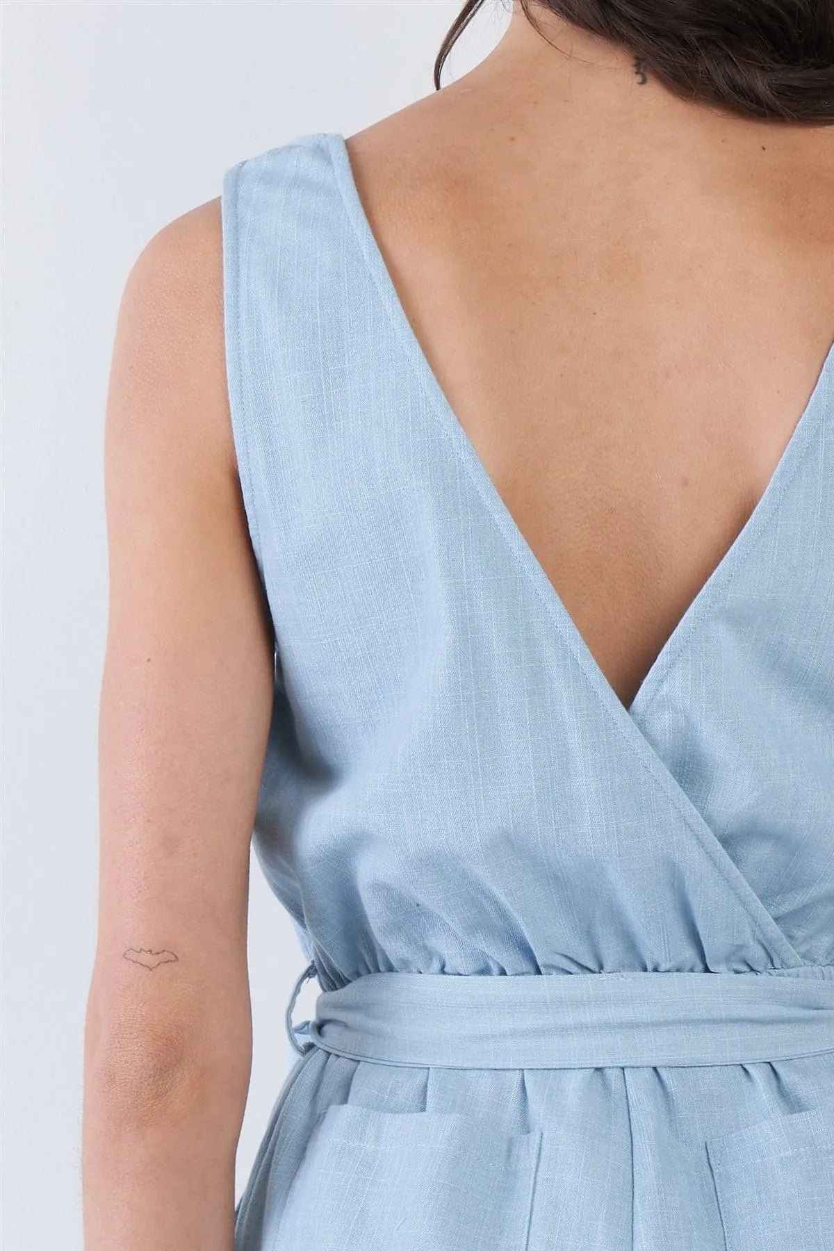 Light Denim Blue Cotton V-Neck Front Button Short Romper /2-2-2 - Tasha Apparel Wholesale