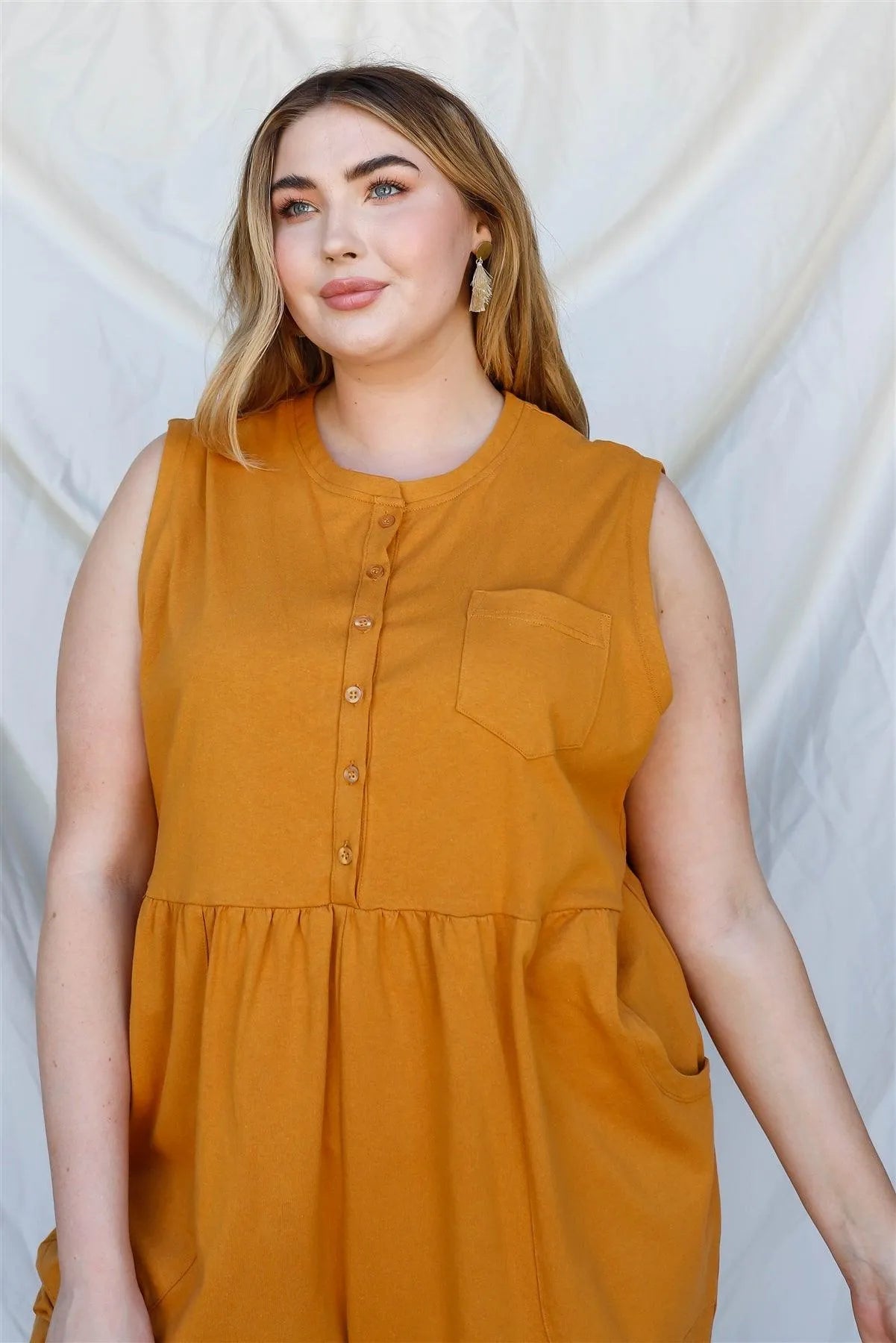 Junior Plus Mustard Cotton Front Button Up Detail Sleeveless Jumpsuit /2-2-1 - Tasha Apparel Wholesale