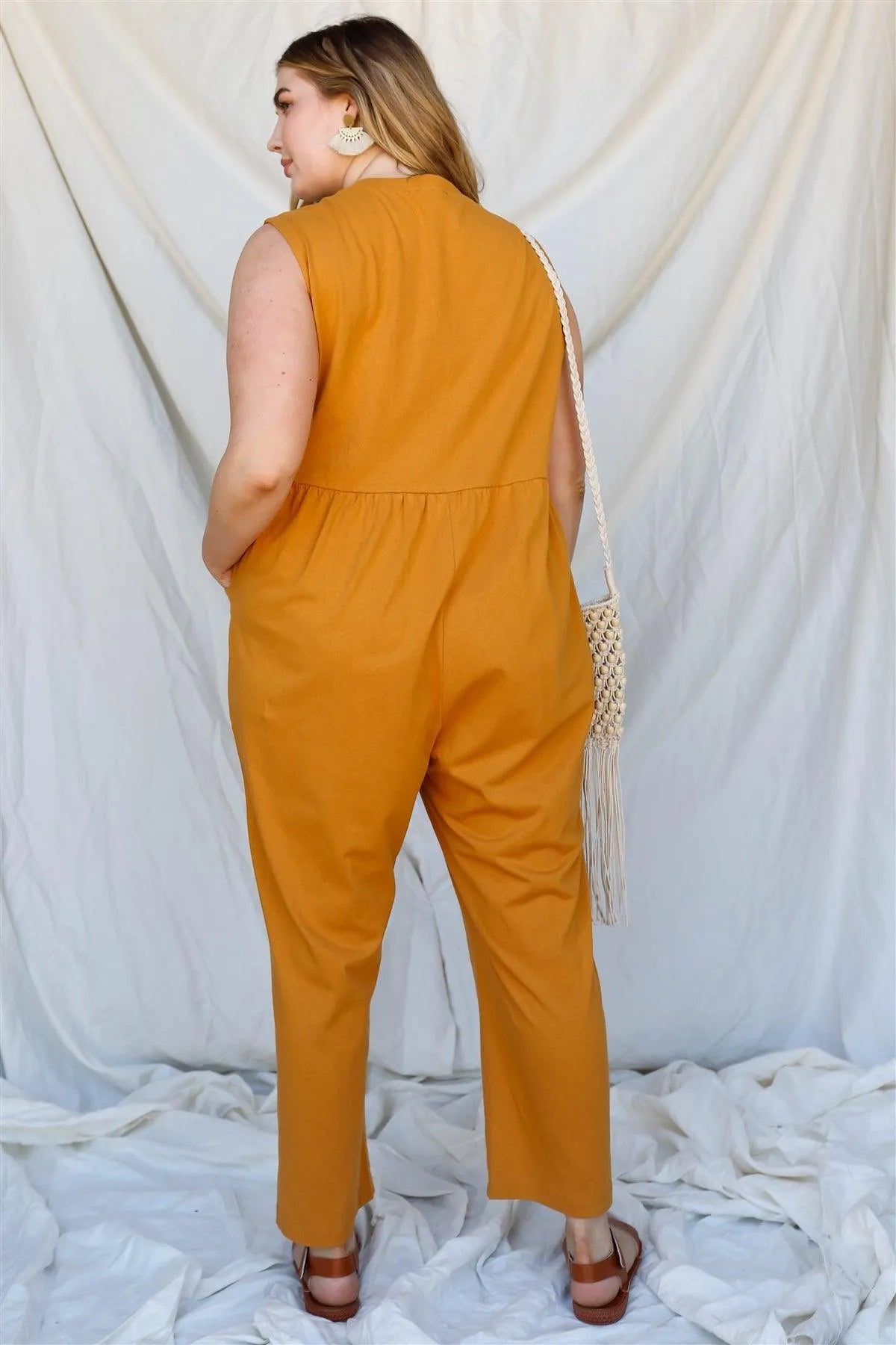 Junior Plus Mustard Cotton Front Button Up Detail Sleeveless Jumpsuit /4-2 - Tasha Apparel Wholesale