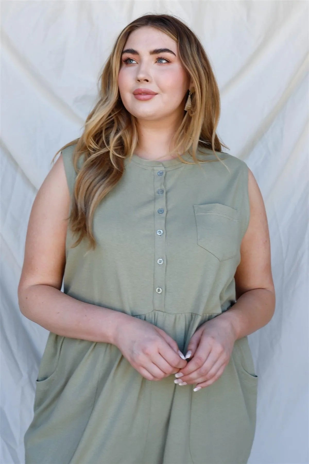 Junior Plus Olive Cotton Front Button Up Detail Sleeveless Jumpsuit /1-2-1 - Tasha Apparel Wholesale