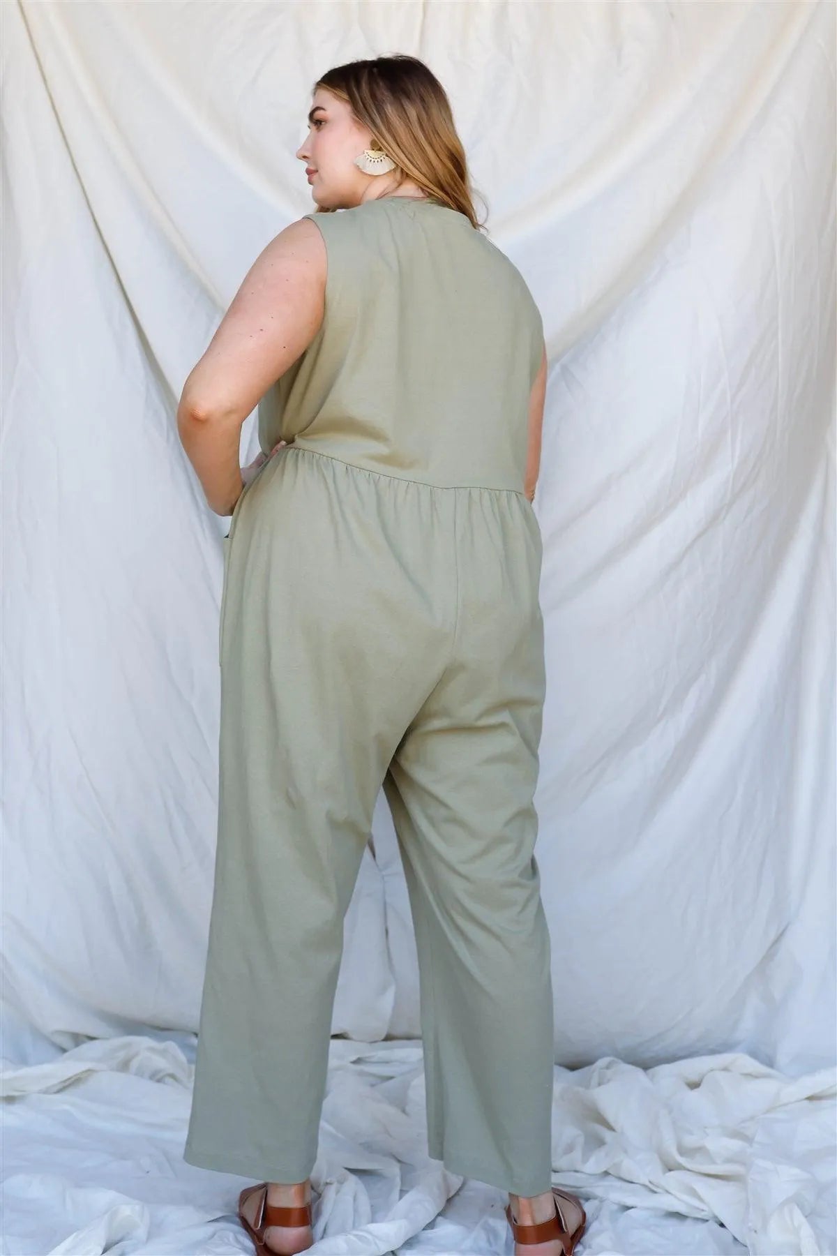 Junior Plus Olive Cotton Front Button Up Detail Sleeveless Jumpsuit /3-2-1 - Tasha Apparel Wholesale