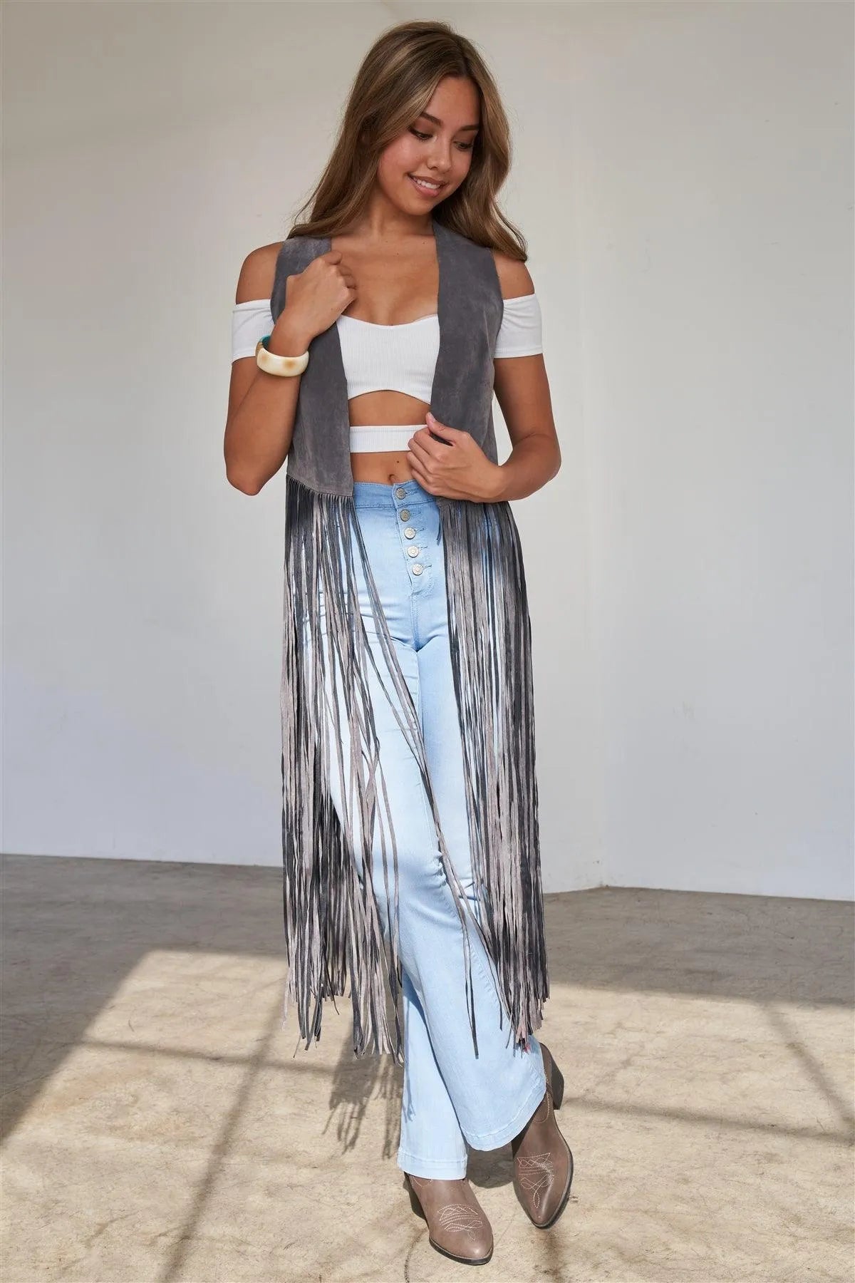 Grey Sleeveless Suede Cropped Boho Vest With Long Fringe Detail - Tasha Apparel Wholesale