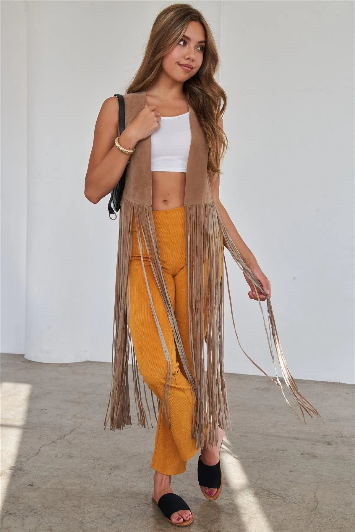 Khaki Sleeveless Suede Cropped Boho Vest With Long Fringe Detail /2-2-2 - Tasha Apparel Wholesale