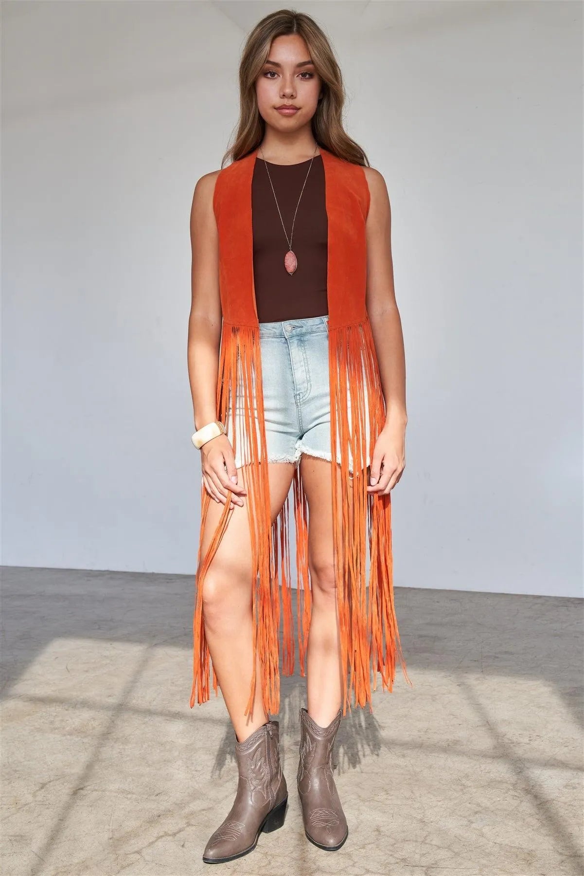Orange Sleeveless Suede Cropped Boho Vest With Long Fringe Detail - Tasha Apparel Wholesale
