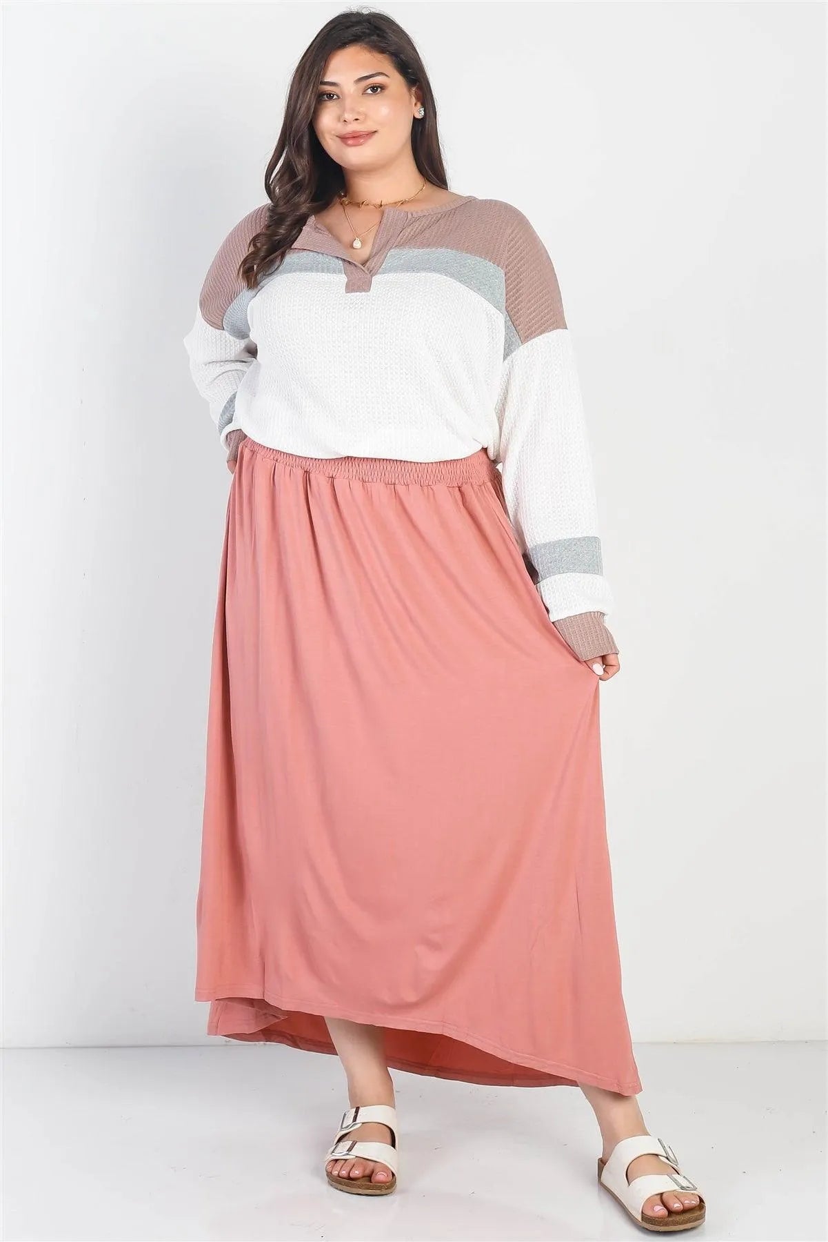Junior Plus Blush Smocked Waist Maxi Skirt /3-2-1 - Tasha Apparel Wholesale