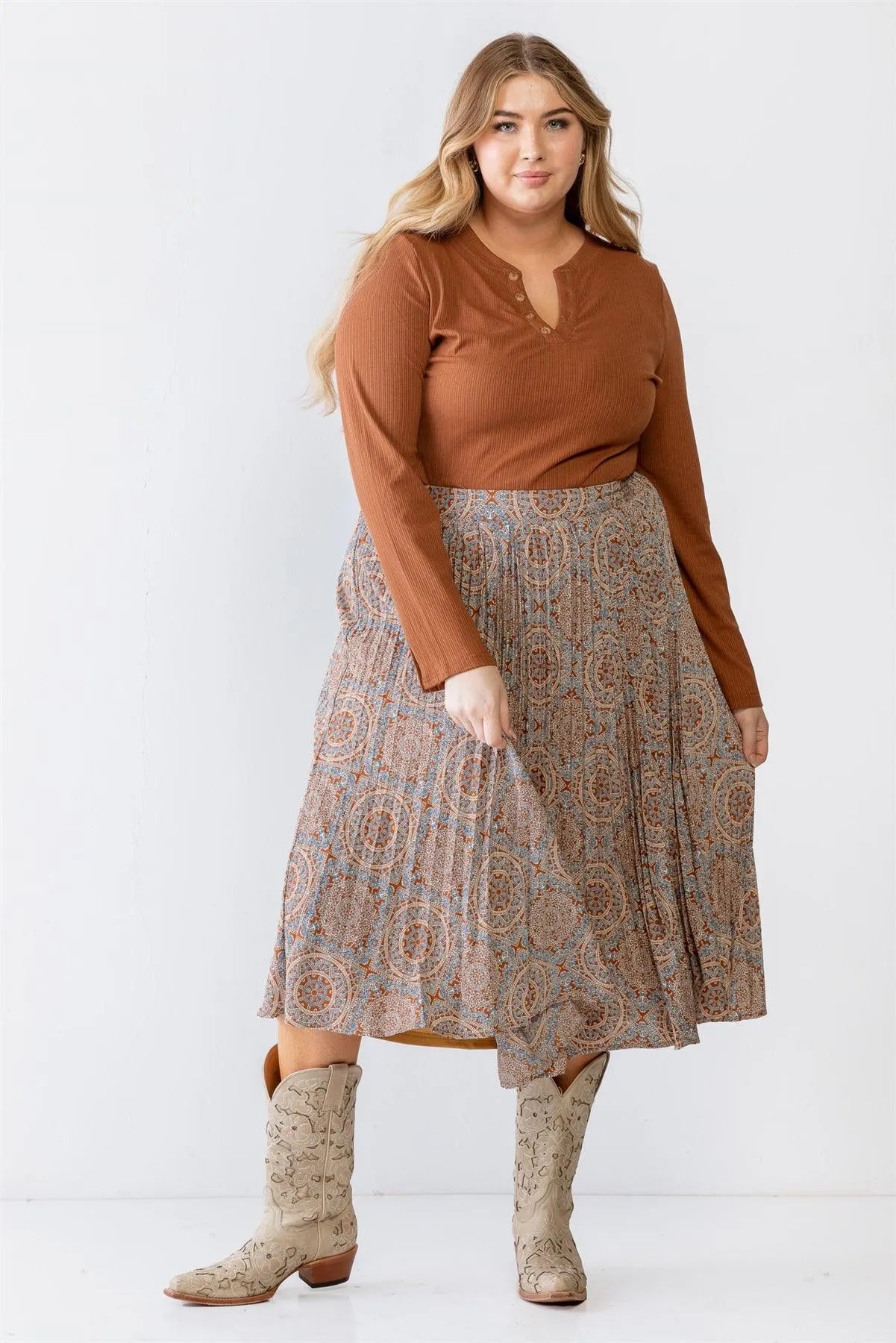 Junior Plus Rust Bohemian Print Pleated Midi Skirt /3-2-1 - Tasha Apparel Wholesale