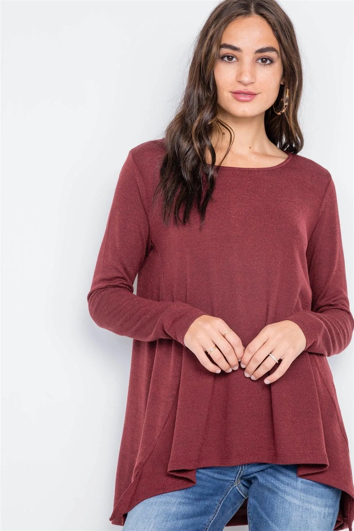 Wine Long Sleeve Loose Fit Solid Top /2-2 - Tasha Apparel Wholesale