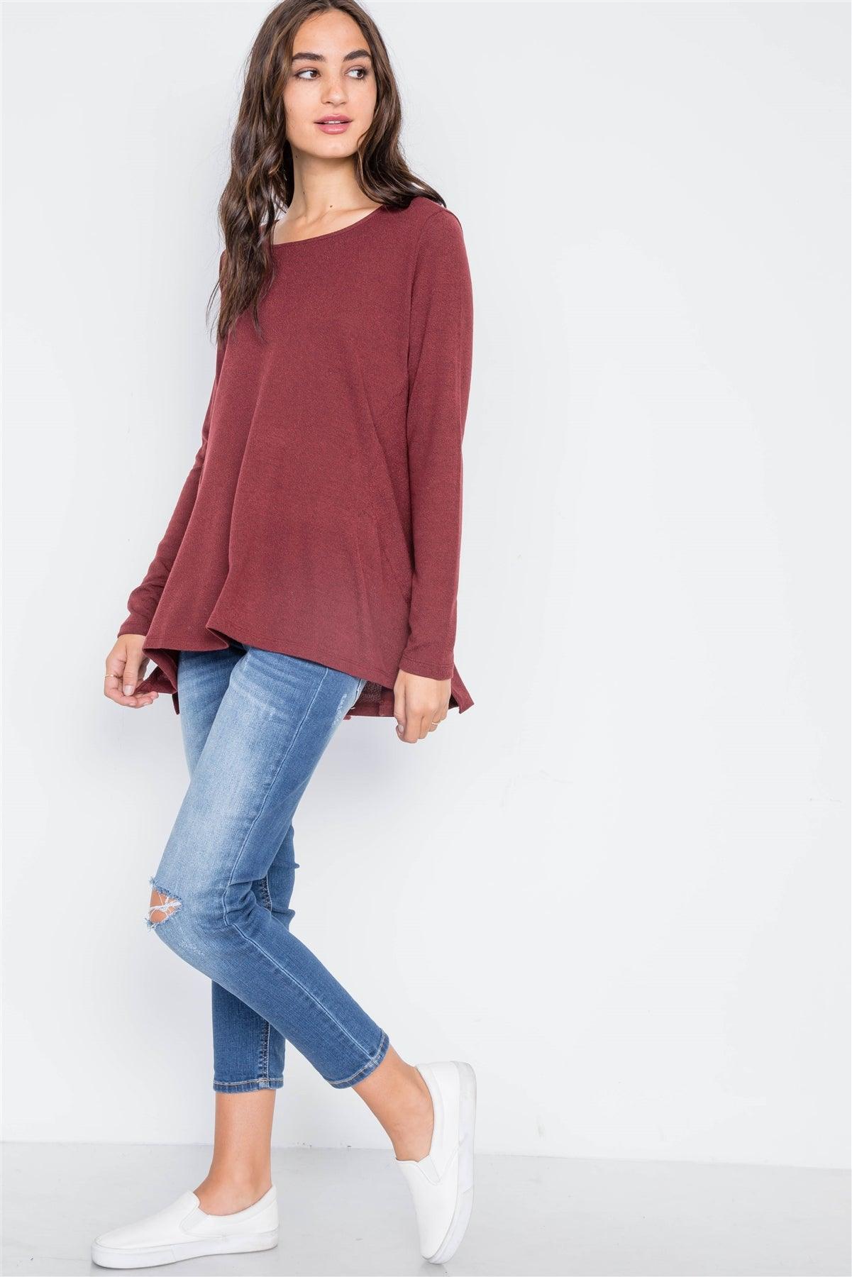 Wine Long Sleeve Loose Fit Solid Top