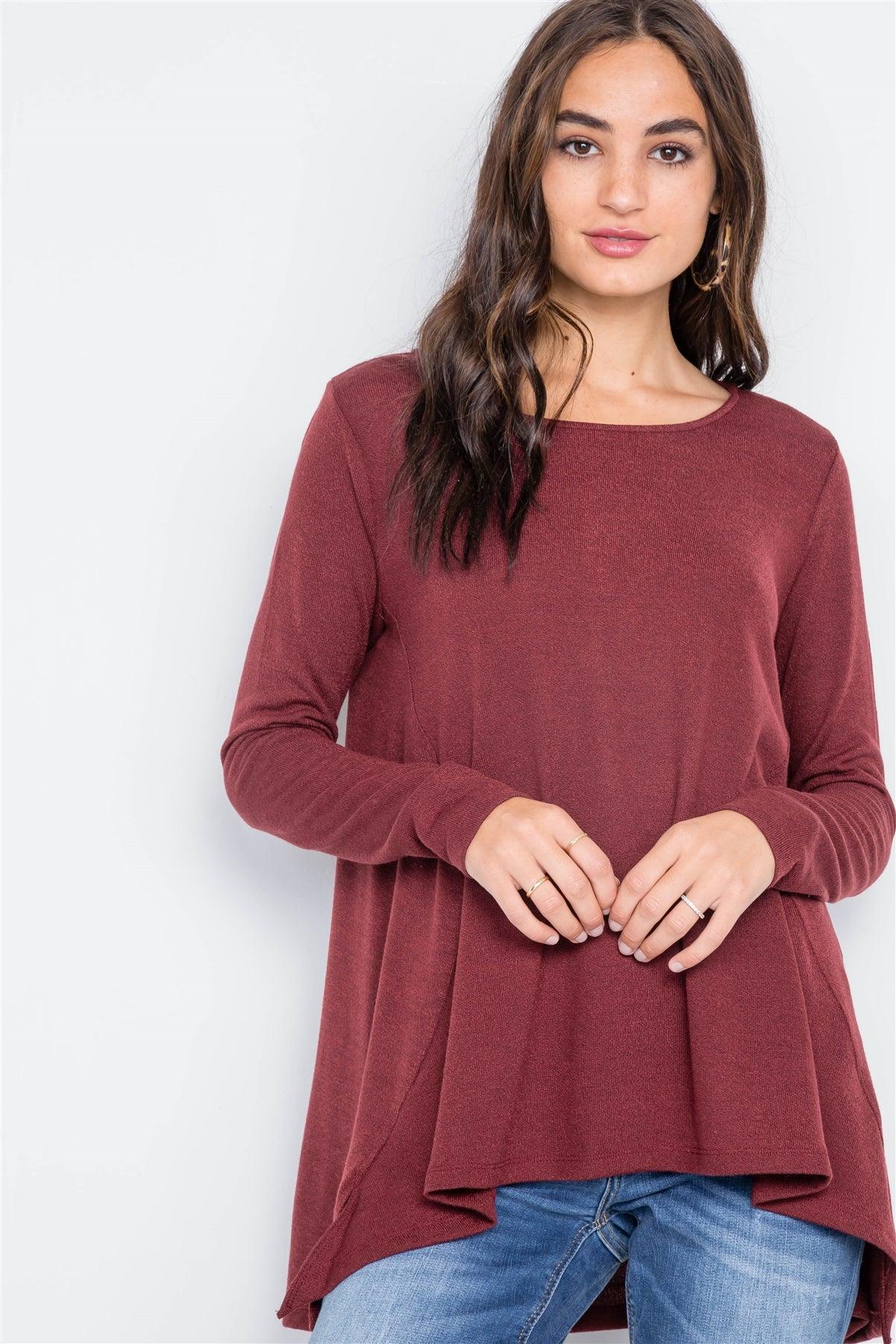 Wine Long Sleeve Loose Fit Solid Top