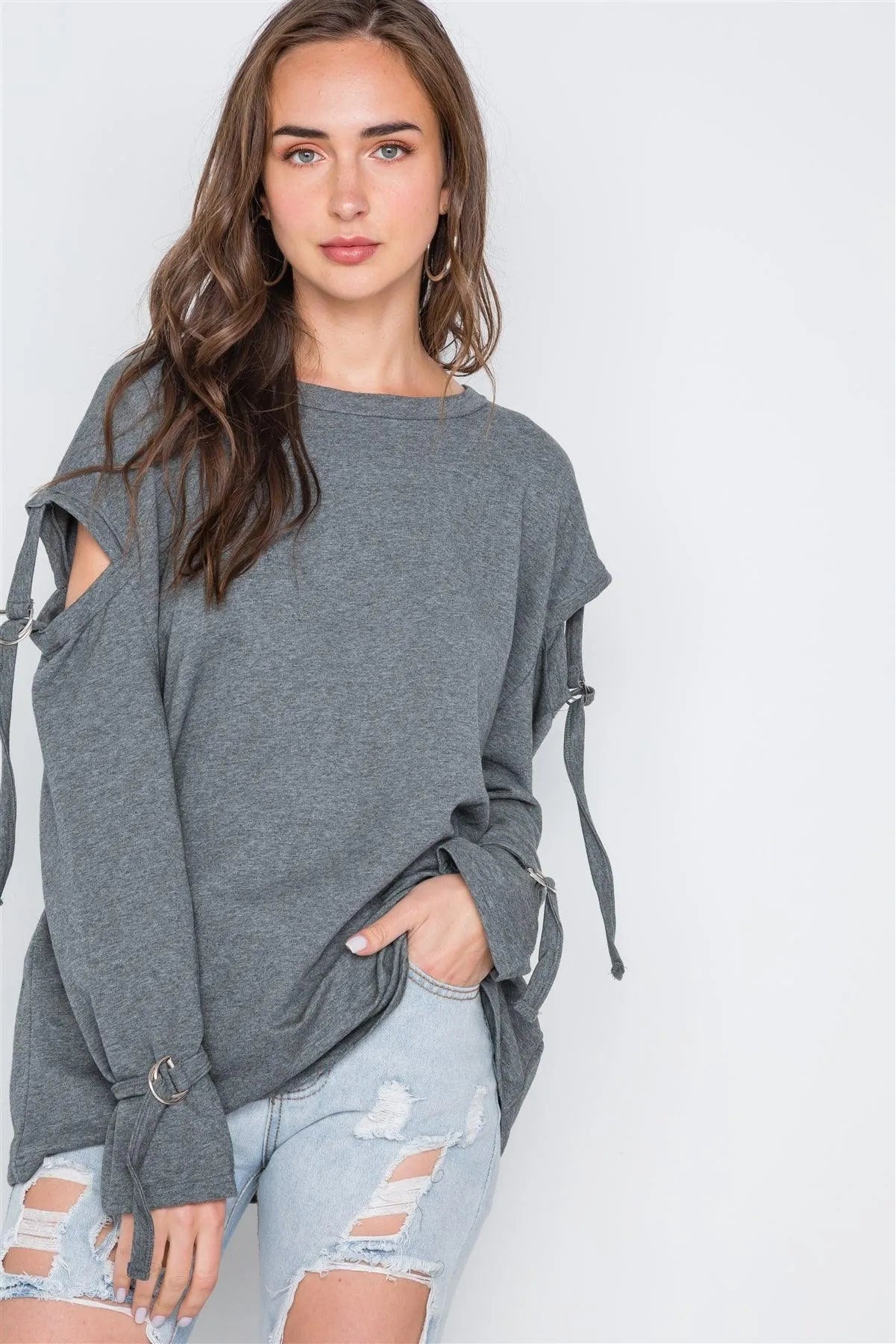 Charcoal Long Sleeve Cut-Out Sweater /2-3 - Tasha Apparel Wholesale