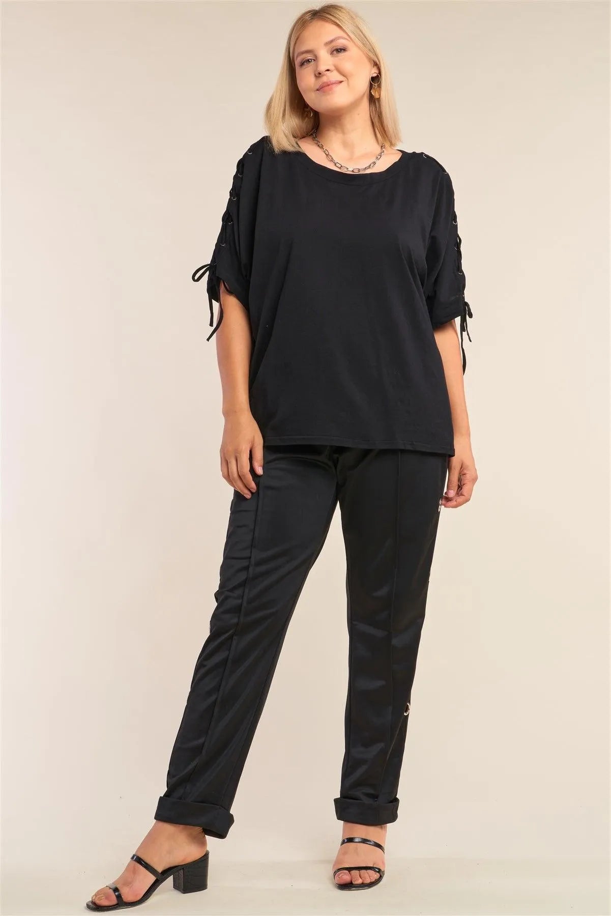 Junior Plus Size Black Relaxed Fit Round Neck Braid Threading Draw String Tie Detail Midi Sleeve Top /3-2-1 - Tasha Apparel Wholesale