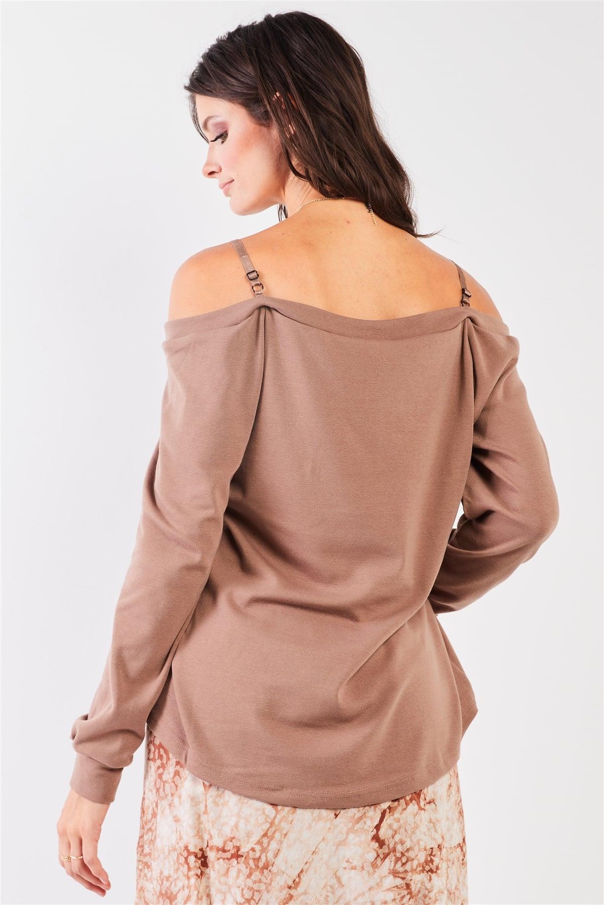 Mocha Off-The-Shoulder Lace Trim Long Sleeve Sweetheart Neck Relaxed Top