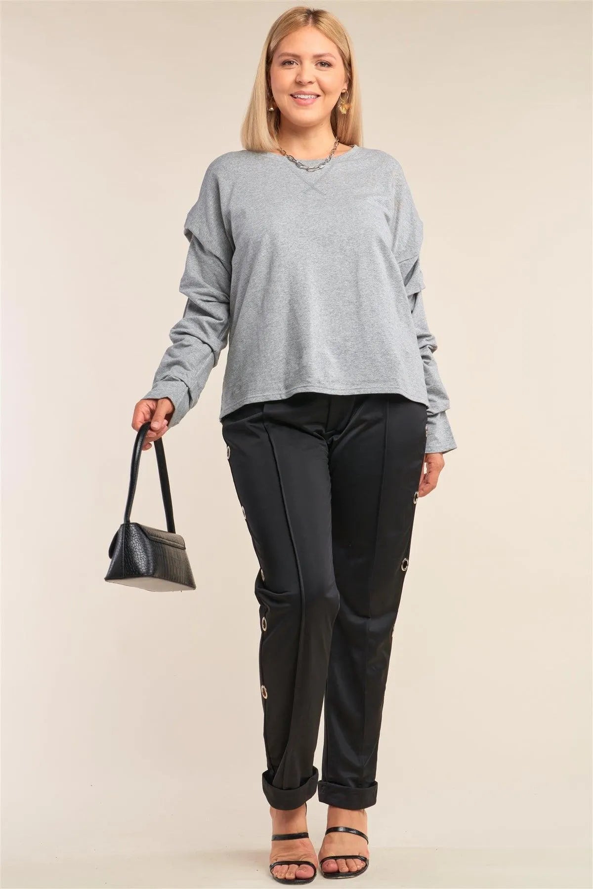 Junior Plus Size Heather Grey Relaxed Fit Crew Neck Long Gathered Sleeve Detail Top /2-2-1 - Tasha Apparel Wholesale