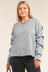 Junior Plus Size Heather Grey Relaxed Fit Crew Neck Long Gathered Sleeve Detail Top /3-2-1
