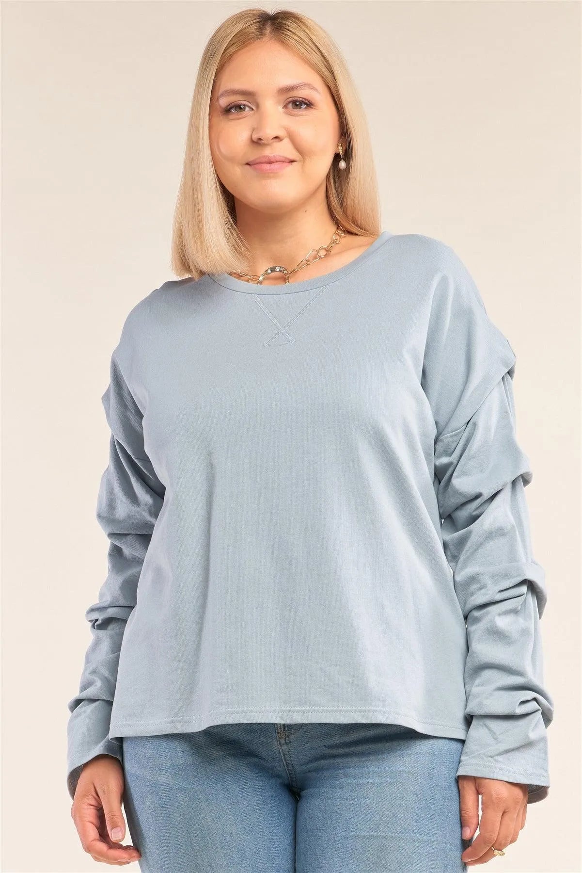Junior Plus Size Sage Relaxed Fit Crew Neck Long Gathered Sleeve Detail Top /1-2-1 - Tasha Apparel Wholesale
