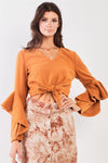 Camel Fuzzy Long Ruffle Sleeve V-Neck Self-Tie Front Detail Cropped Top