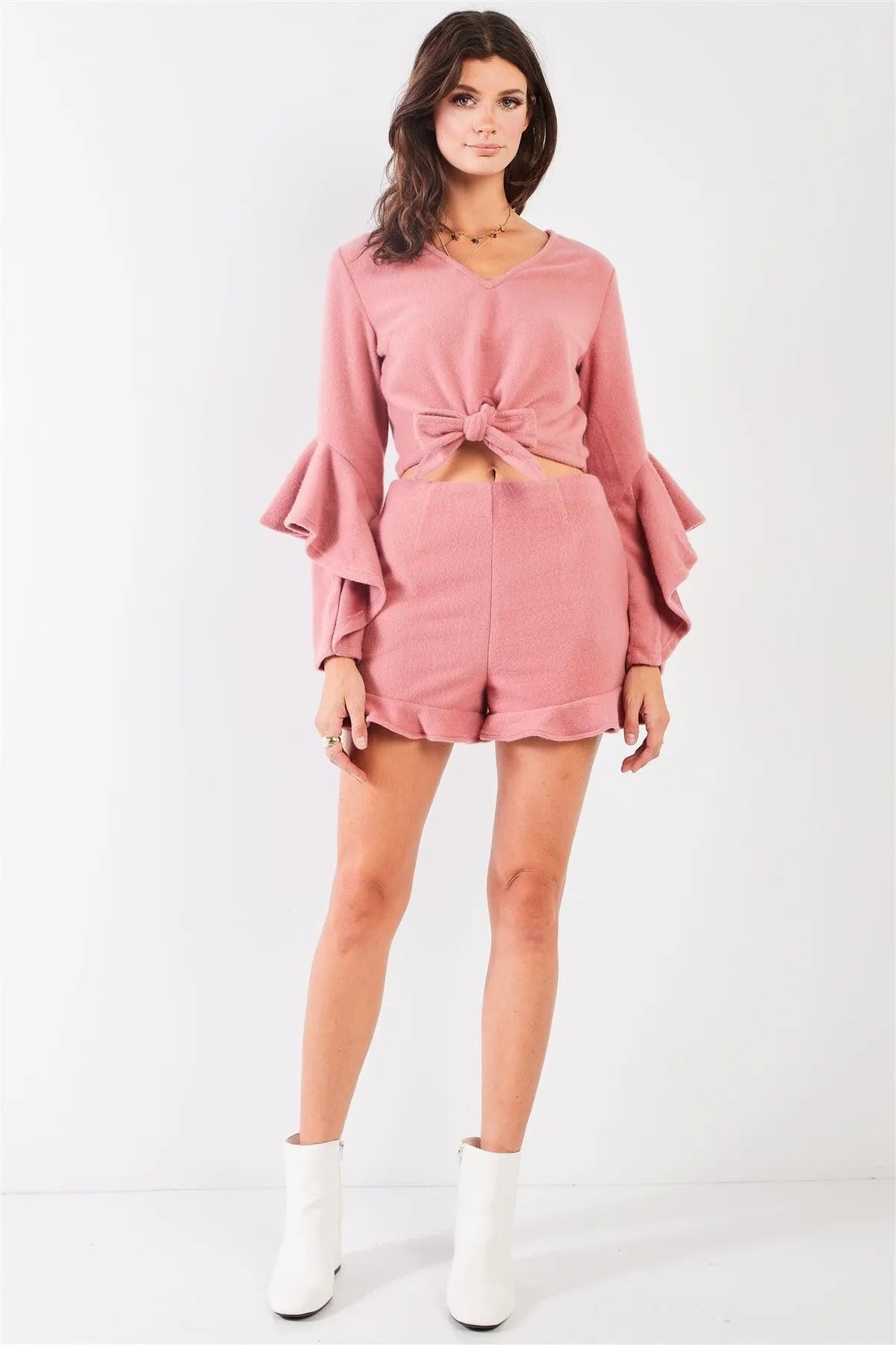 Blush Fuzzy Long Ruffle Sleeve V-Neck Self-Tie Front Detail Cropped Top & High-Waisted Ruffle Shorts Two Piece Set /2-2-2 - Tasha Apparel Wholesale