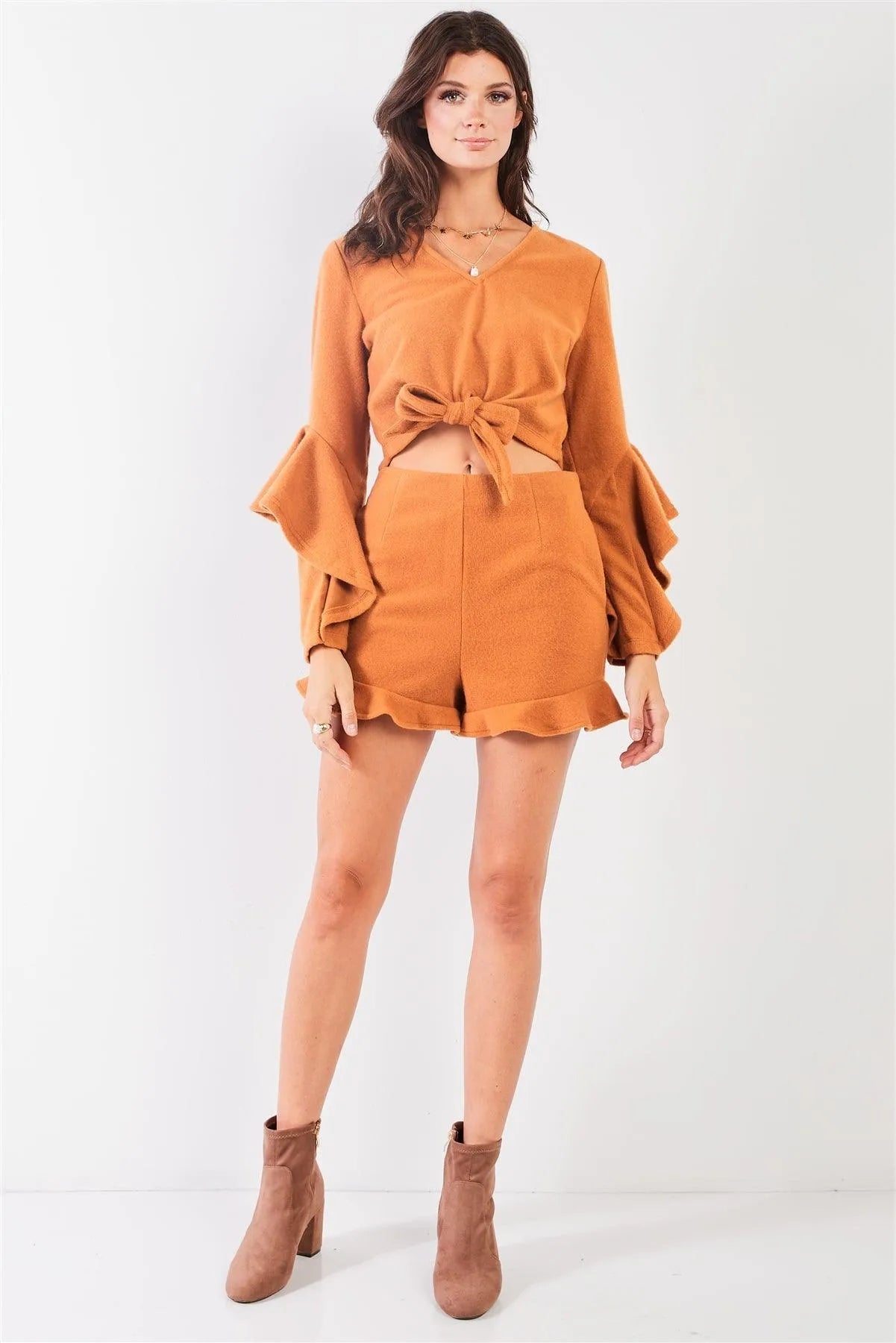 Camel Fuzzy Long Ruffle Sleeve V-Neck Self-Tie Front Detail Cropped Top & High-Waisted Ruffle Shorts Two Piece Set /2-2-2 - Tasha Apparel Wholesale