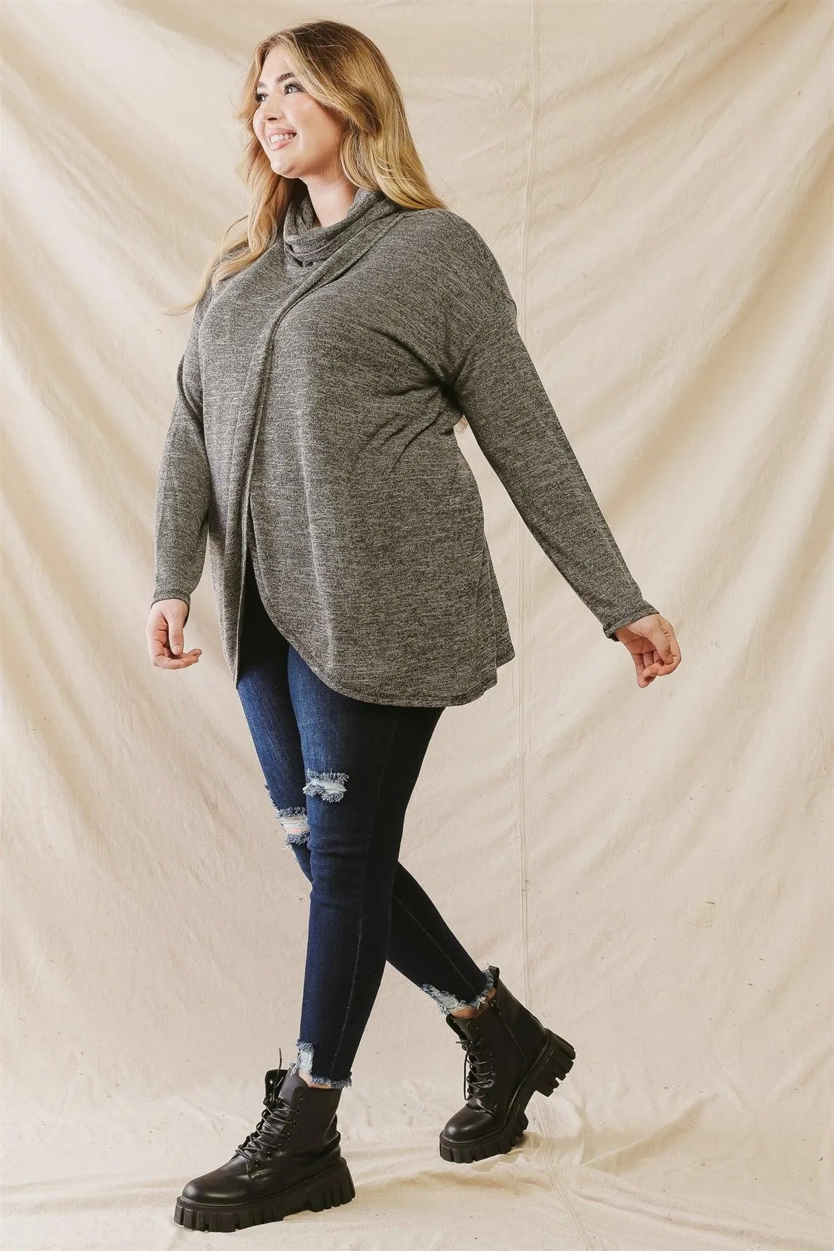 Junior Plus Black Turtle Neck Wrap Hem Long Sleeve Top /2-1-1 - Tasha Apparel Wholesale