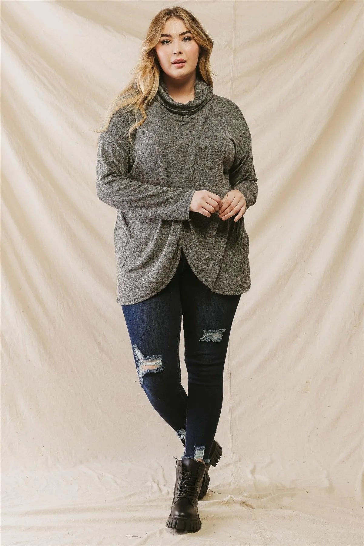 Junior Plus Black Turtle Neck Wrap Hem Long Sleeve Top /3-2-1 - Tasha Apparel Wholesale