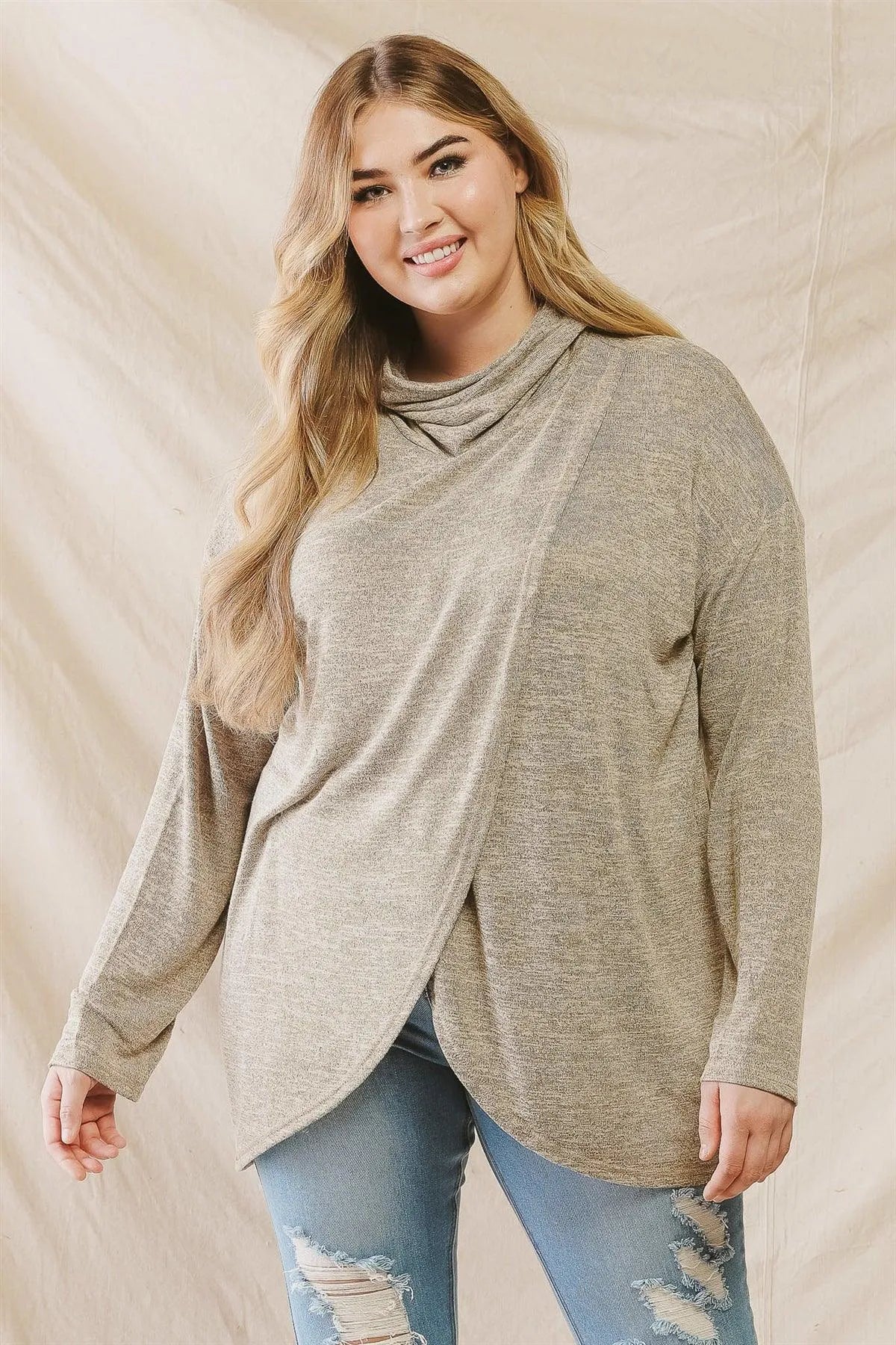 Junior Plus Taupe Turtle Neck Wrap Hem Long Sleeve Top /2-2-1 - Tasha Apparel Wholesale