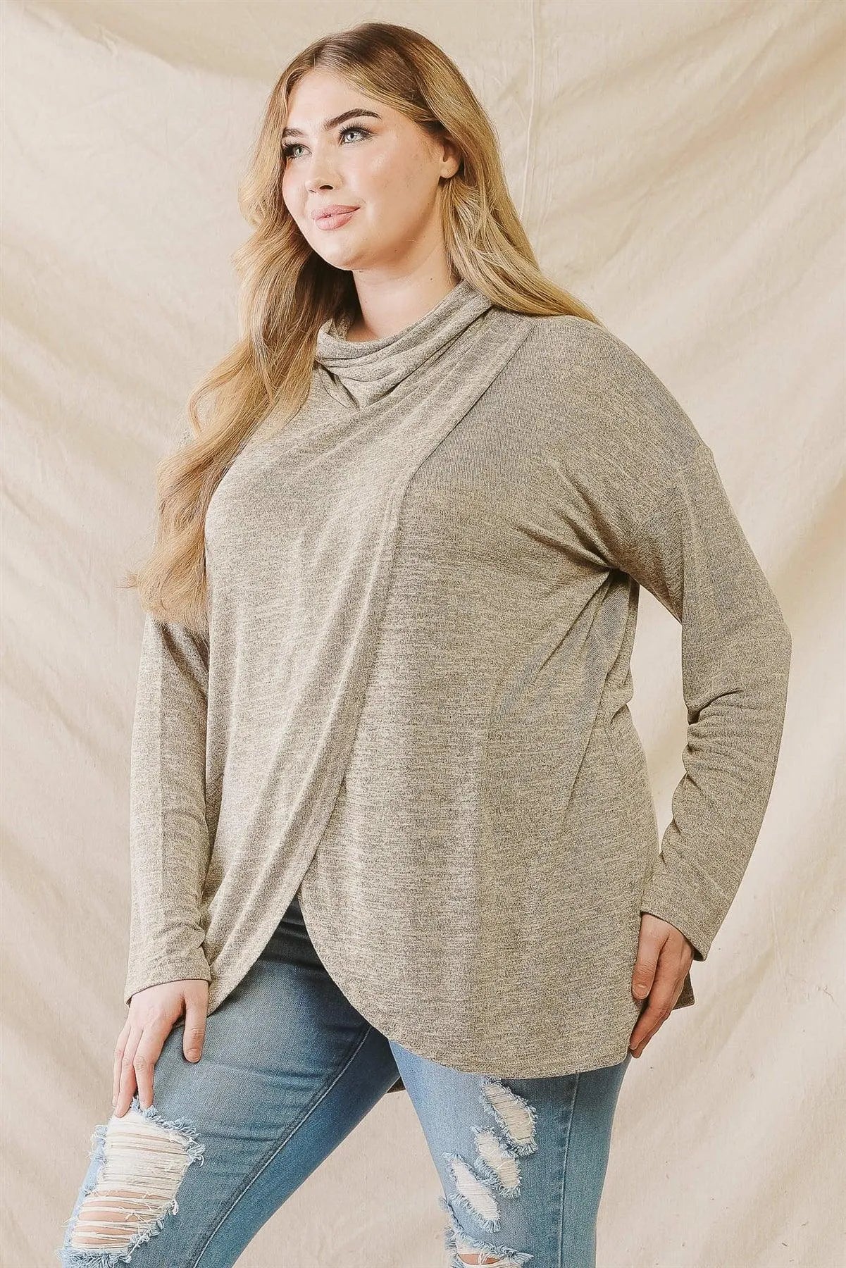 Junior Plus Taupe Turtle Neck Wrap Hem Long Sleeve Top /3-2-1 - Tasha Apparel Wholesale