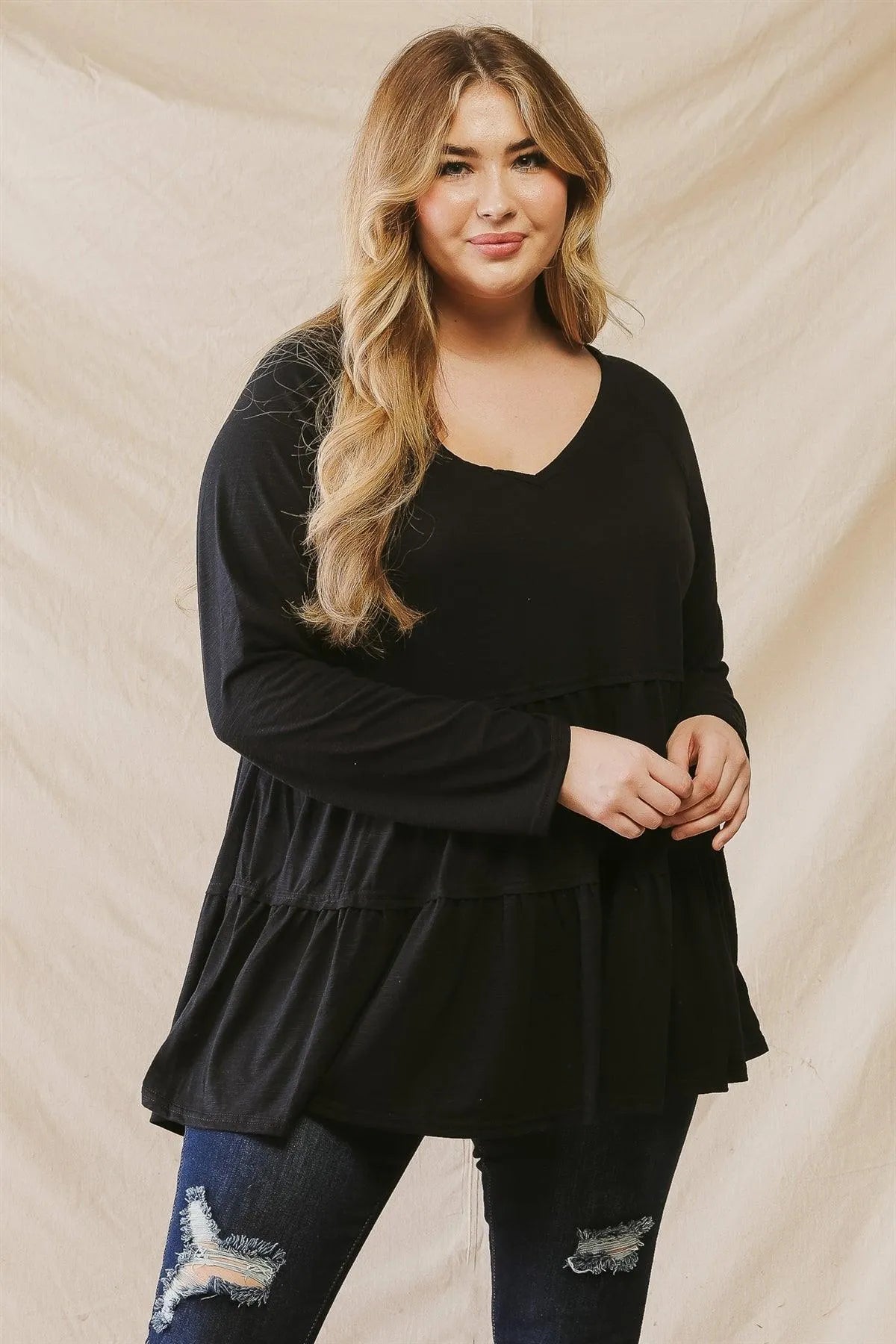 Junior Plus Black Flare Hem V-Neck Long Sleeve Top /2-2-1 - Tasha Apparel Wholesale