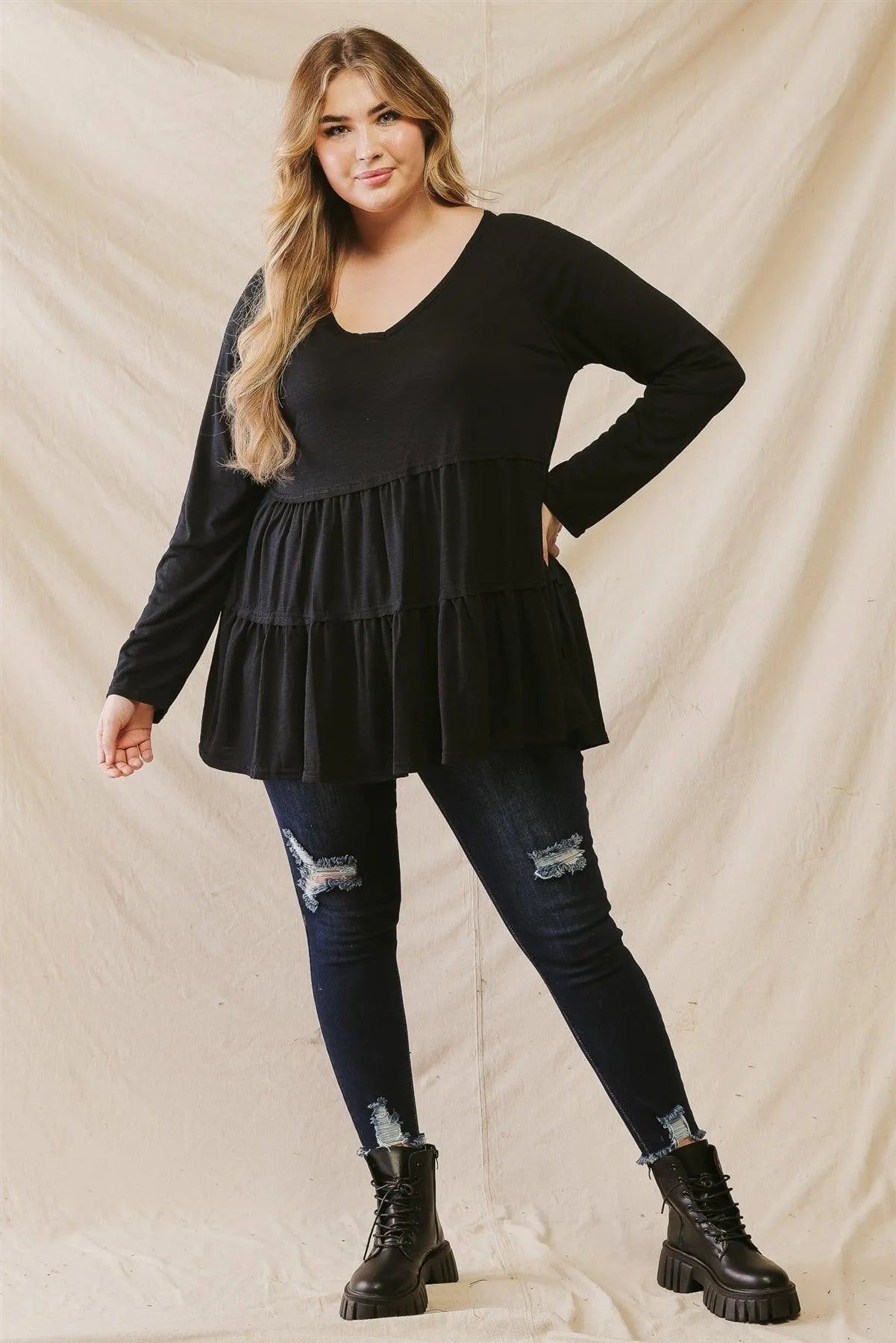 Junior Plus Black Flare Hem V-Neck Long Sleeve Top /3-2-1 - Tasha Apparel Wholesale