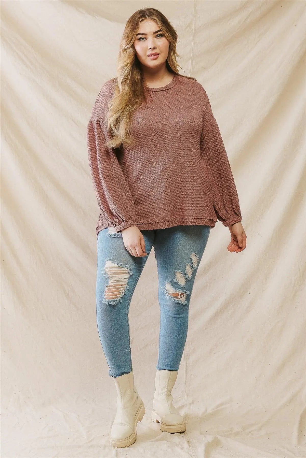 Junior Plus Brick Waffle Knit Juliette Long Sleeve Sweater /1-1-1 - Tasha Apparel Wholesale