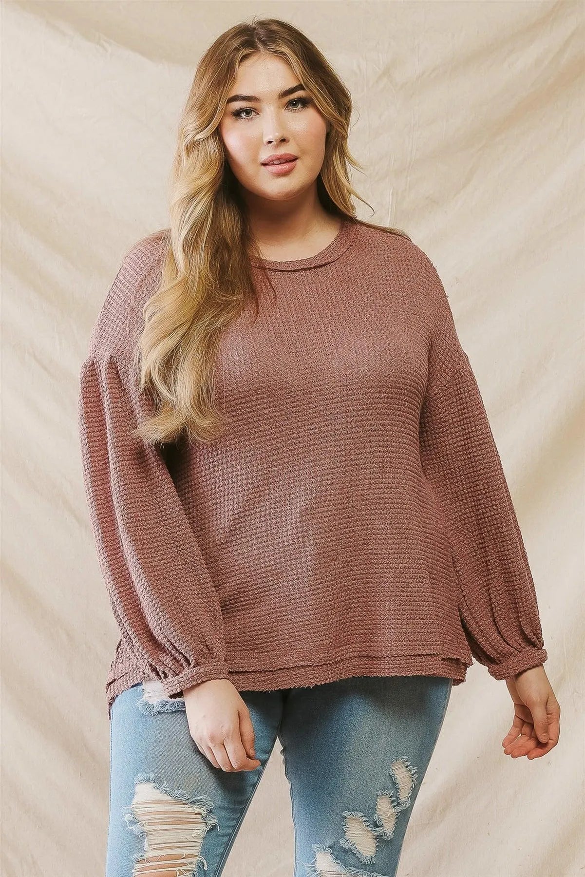 Junior Plus Brick Waffle Knit Juliette Long Sleeve Sweater /3-2-1 - Tasha Apparel Wholesale