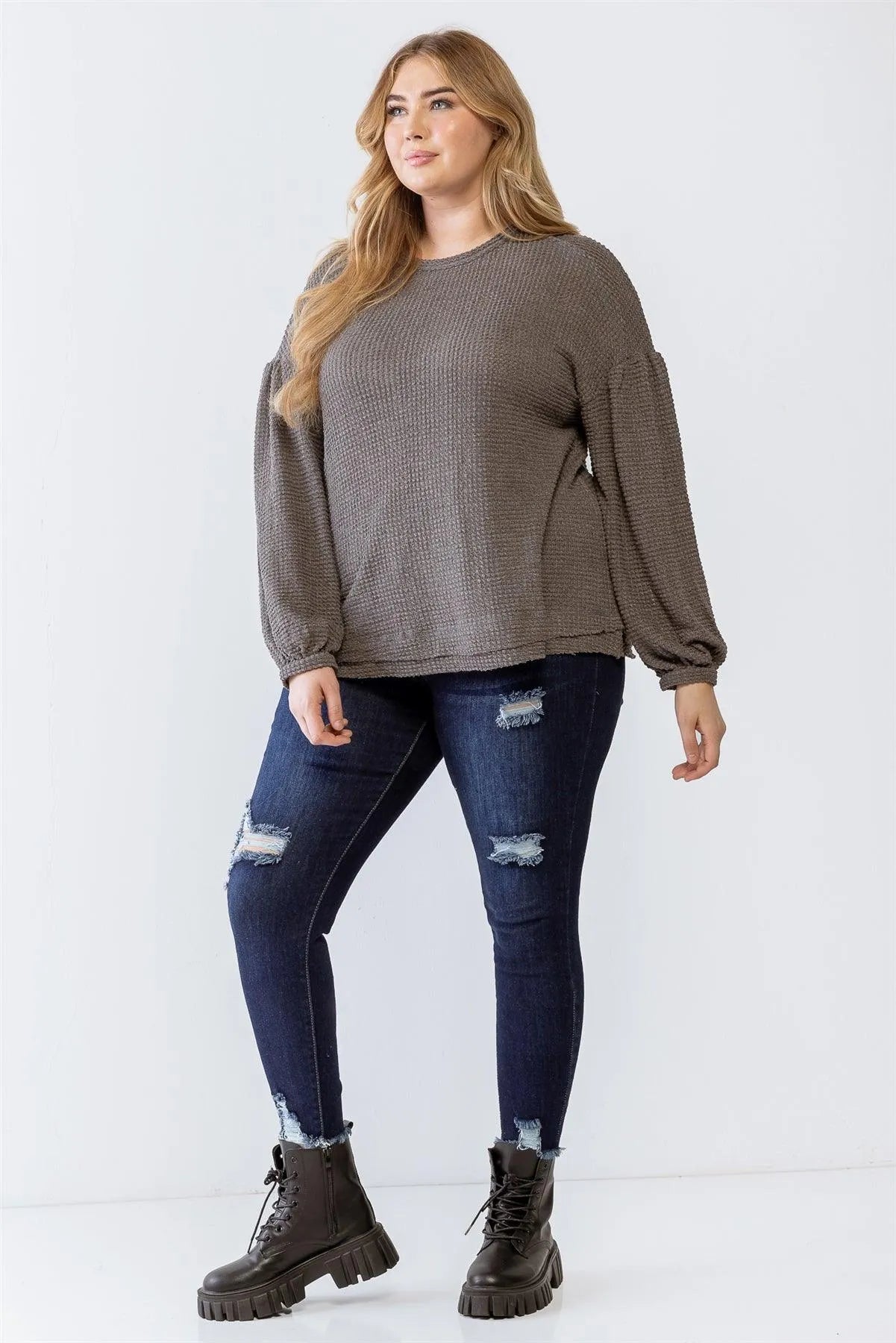 Junior Plus Dark Charcoal Waffle Knit Juliette Long Sleeve Sweater /3-2-1 - Tasha Apparel Wholesale