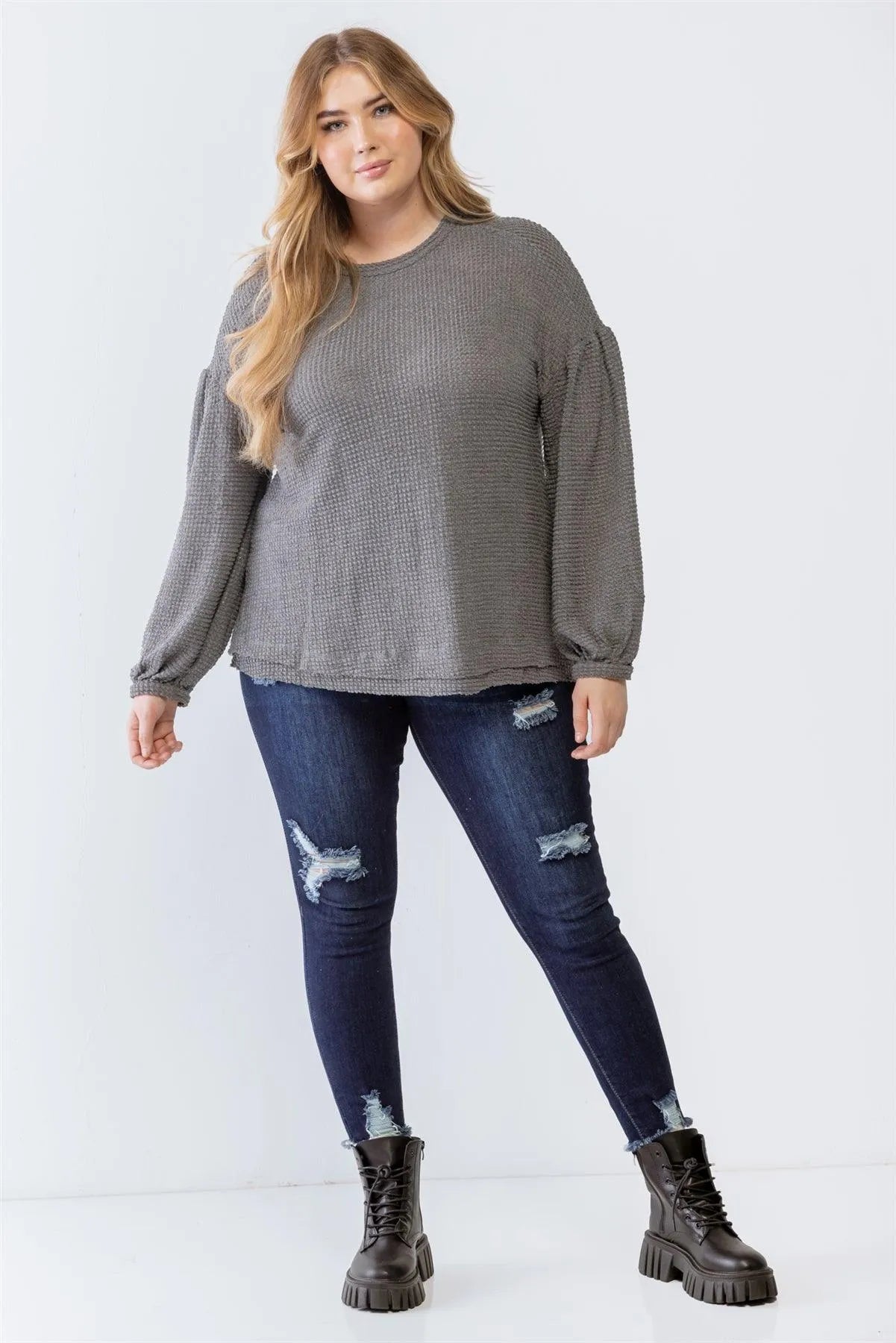 Junior Plus Light Charcoal Waffle Knit Juliette Long Sleeve Sweater /3-2-1 - Tasha Apparel Wholesale