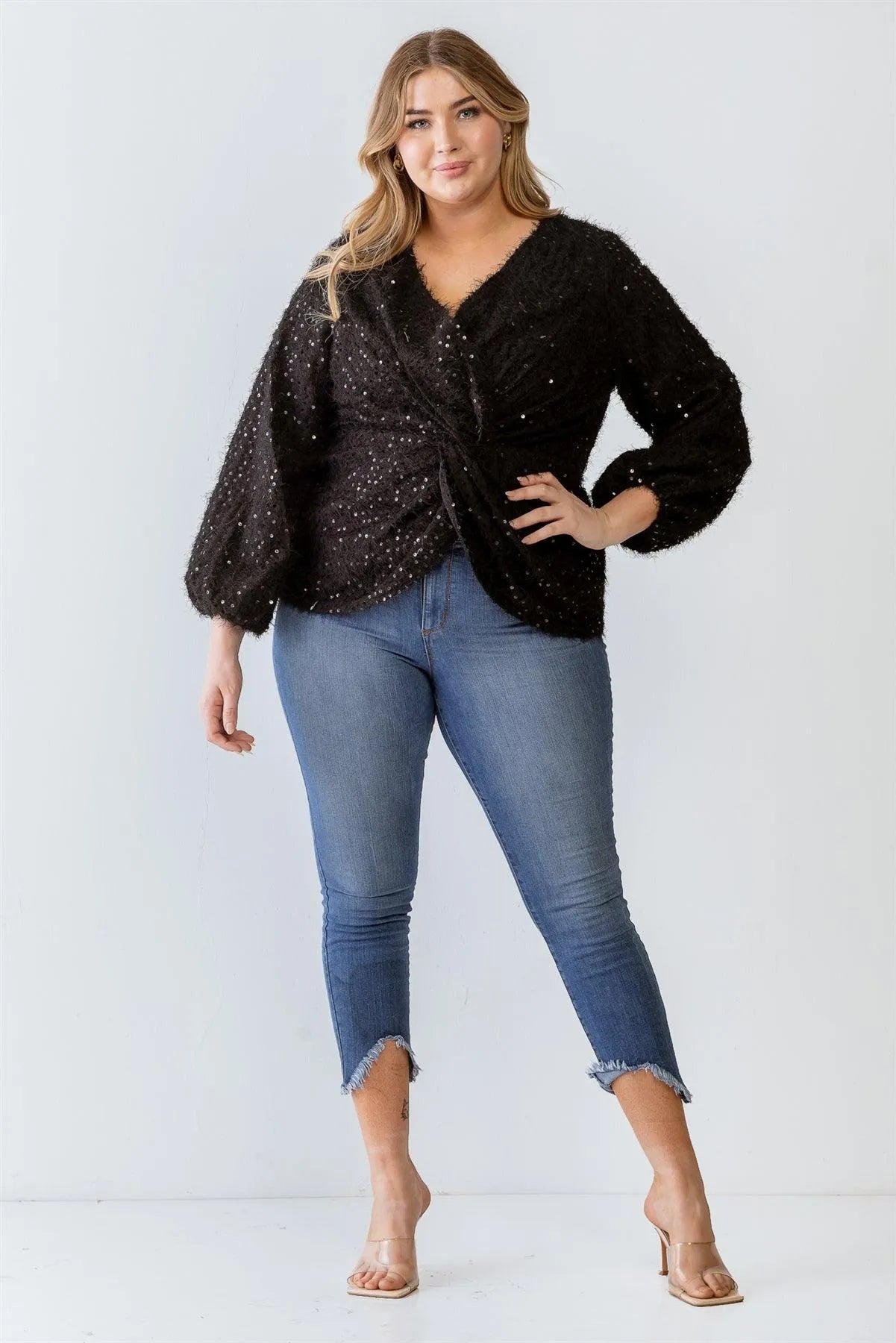 Junior Plus Black Fuzzy Sequin Wrap Detail Long Sleeve Sweater /1-2-1 - Tasha Apparel Wholesale
