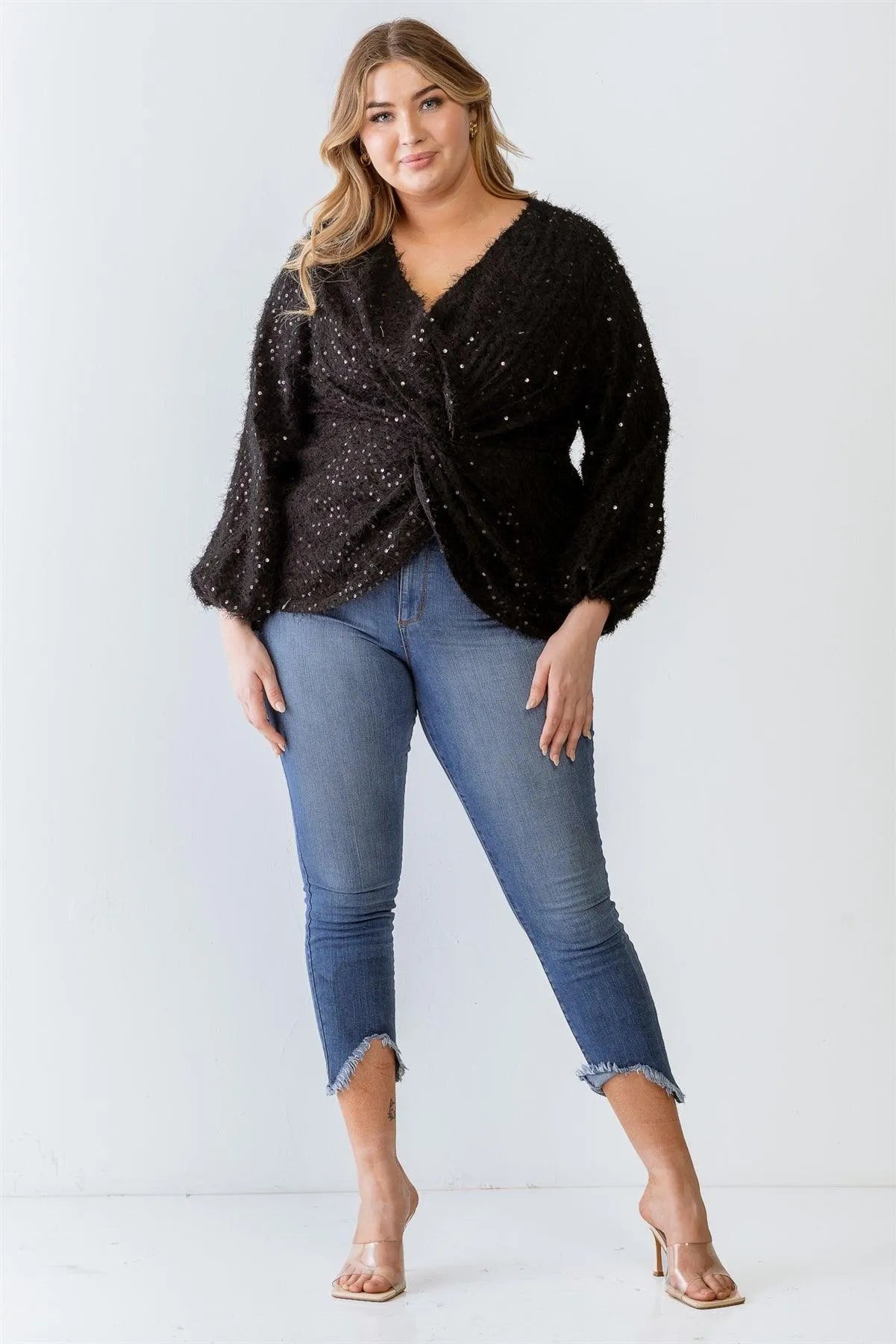 Junior Plus Black Fuzzy Sequin Wrap Detail Long Sleeve Sweater /3-2-1 - Tasha Apparel Wholesale