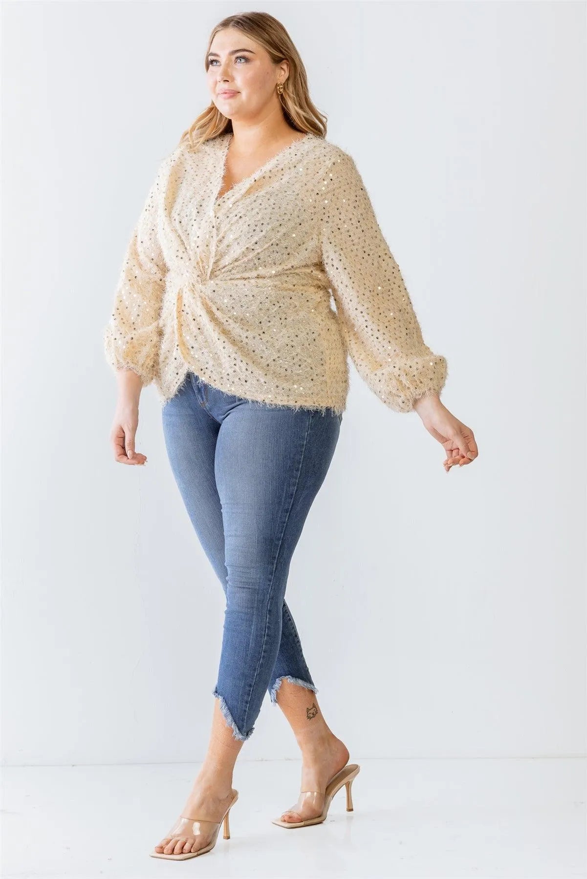 Junior Plus Tan Fuzzy Sequin Wrap Detail Long Sleeve Sweater /3-2-1 - Tasha Apparel Wholesale
