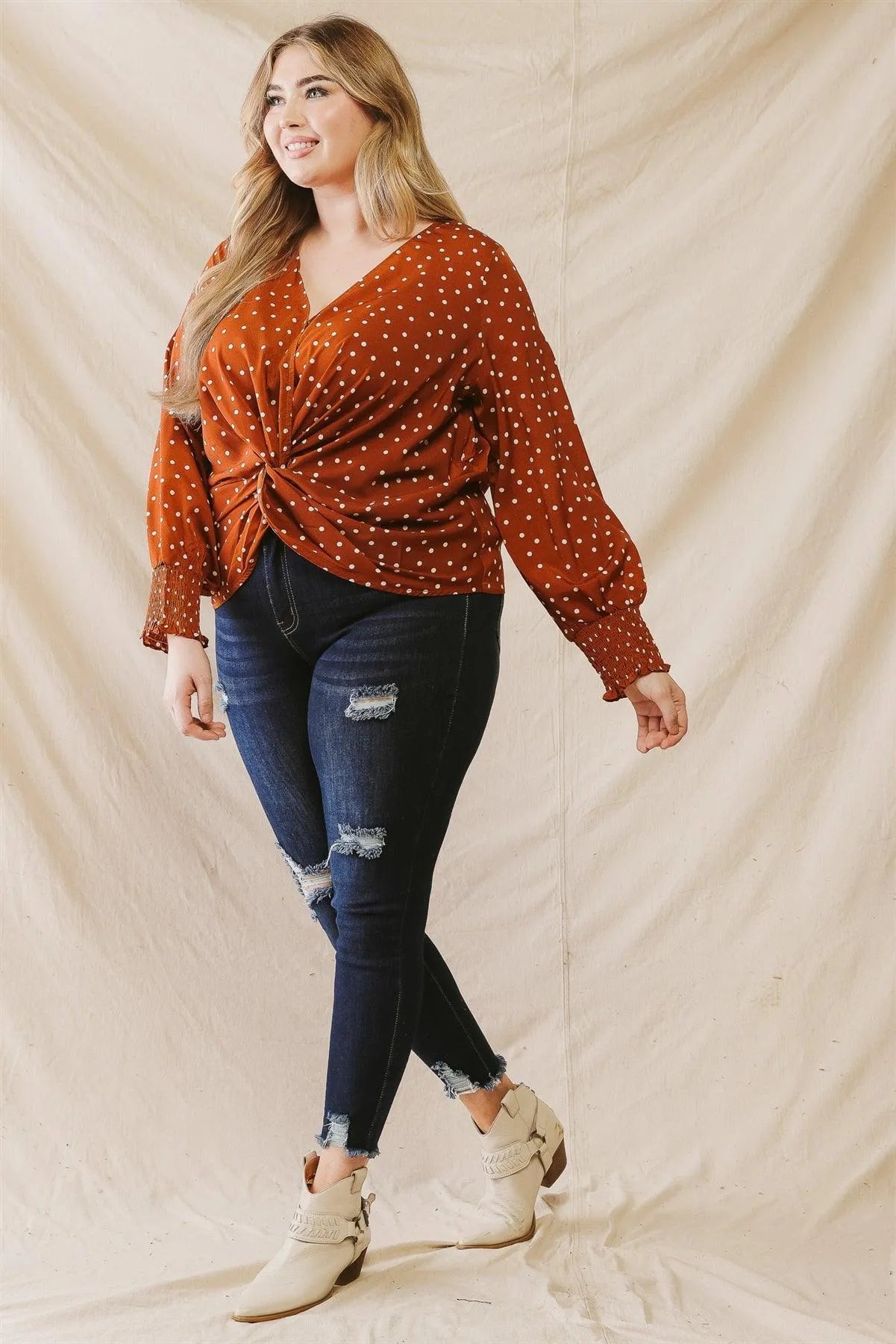 Junior Plus Camel Polka Dot Print Front Wrap Detail Long Sleeve Top /3-2-1 - Tasha Apparel Wholesale