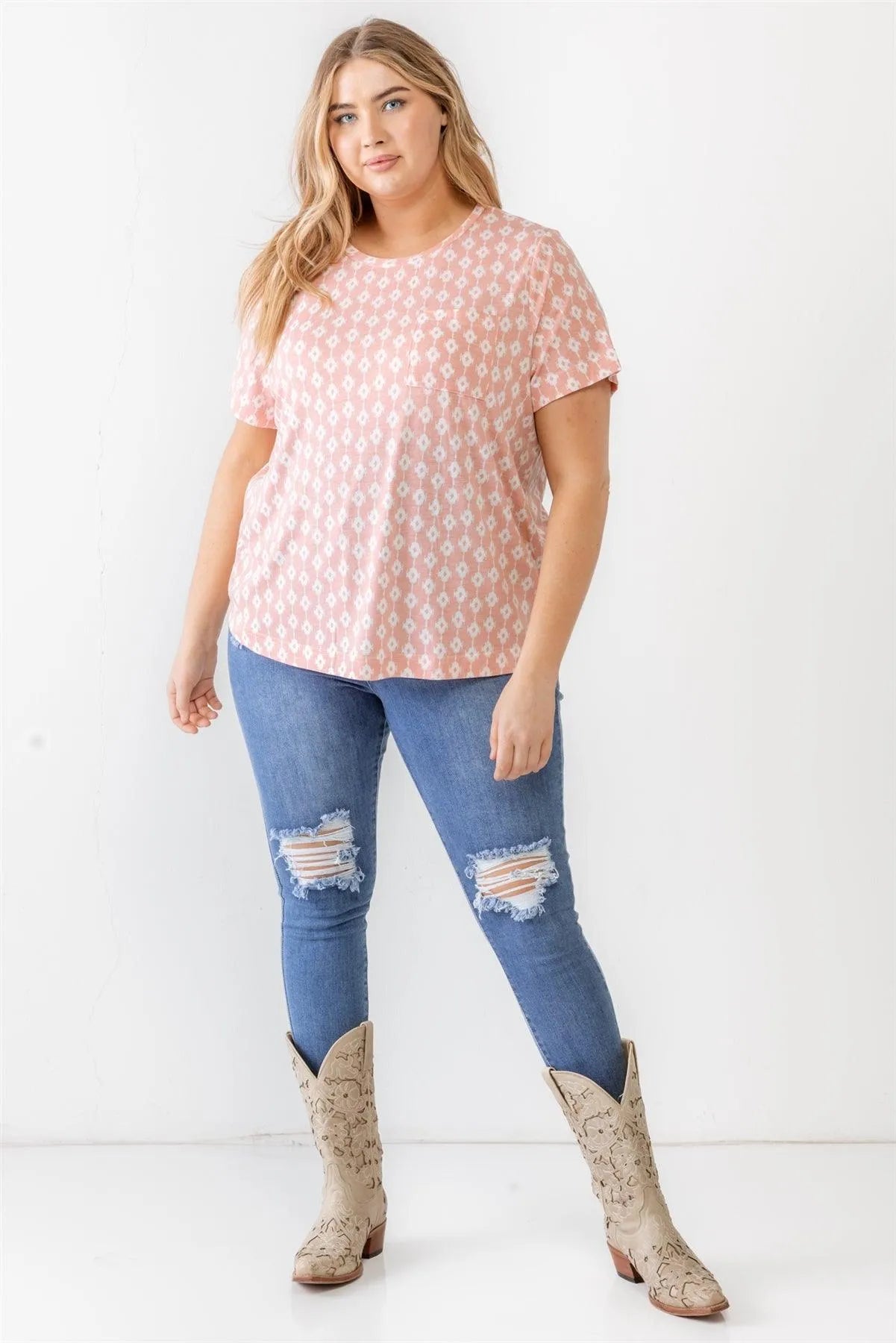 Junior Plus Blush Abstract Print Pocket Short Sleeve Round Neck Top /3-2-1 - Tasha Apparel Wholesale