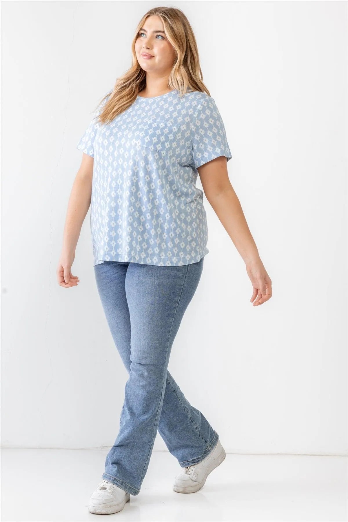 Junior Plus Sky Abstract Print Pocket Short Sleeve Round Neck Top /3-2-1 - Tasha Apparel Wholesale