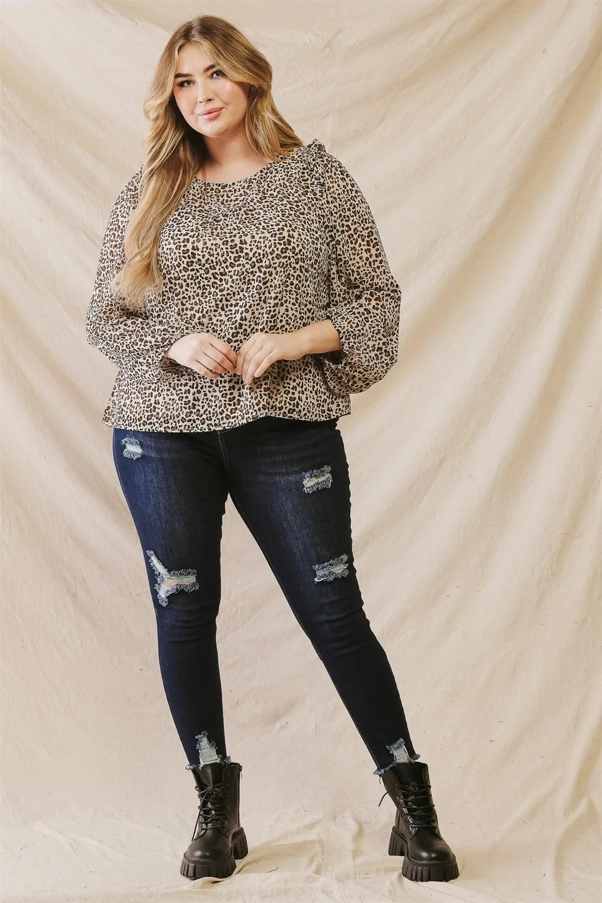 Junior Plus Cream Leopard Print Ruffle Long Sleeve Top /3-2-1 - Tasha Apparel Wholesale