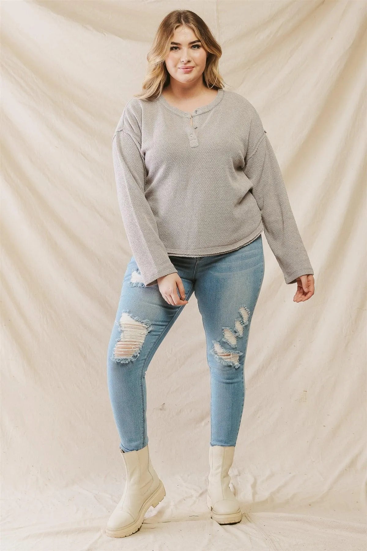 Plus Size Grey Knit Button-Up Long Sleeve Top /3-2-1 - Tasha Apparel Wholesale