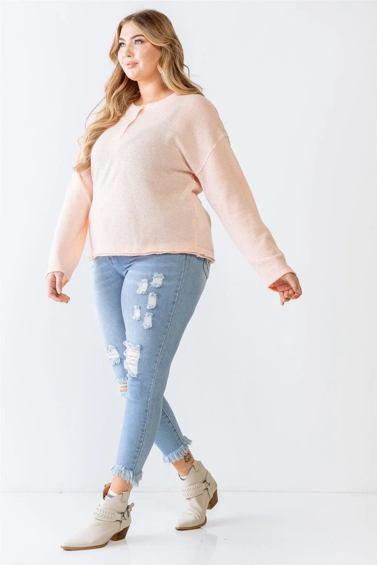 Junior Plus Peach Knit Button-Up Long Sleeve Top /3-2-1 - Tasha Apparel Wholesale