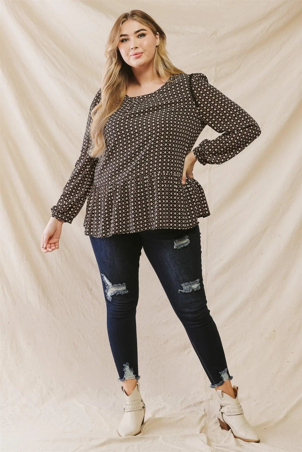 Junior Plus Black Chevron Print Embroidery Shoulder Detail Flare Hem Top /2-2-1 - Tasha Apparel Wholesale