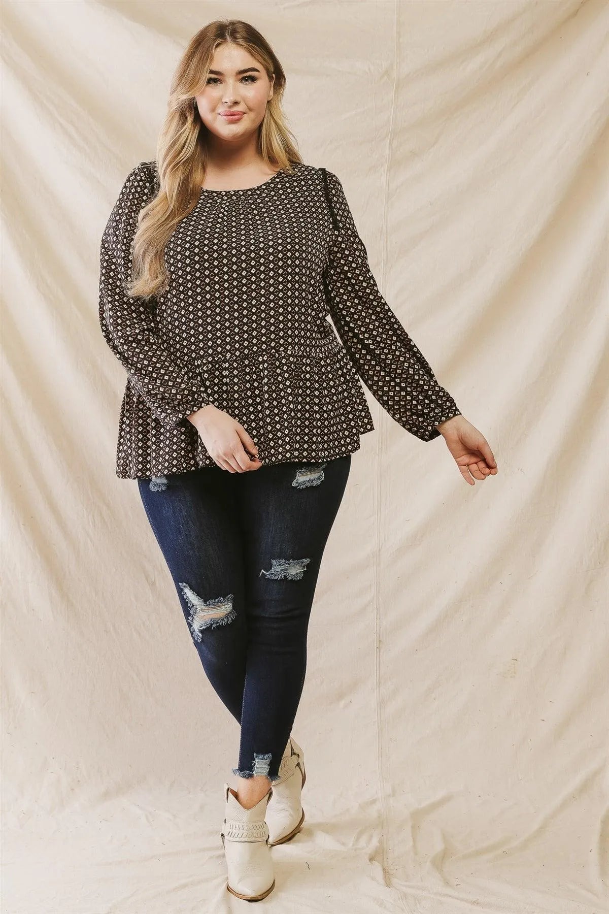 Junior Plus Black Chevron Print Embroidery Shoulder Detail Flare Hem Top /3-2-1 - Tasha Apparel Wholesale