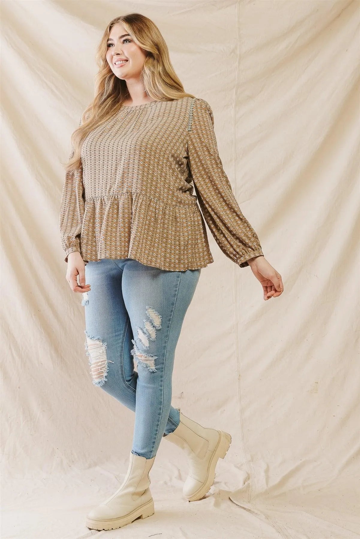 Junior Plus Camel Chevron Print Embroidery Shoulder Detail Flare Hem Top /1-1-1 - Tasha Apparel Wholesale