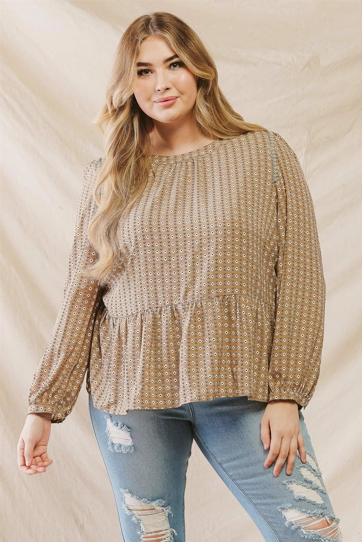 Junior Plus Camel Chevron Print Embroidery Shoulder Detail Flare Hem Top /3-2-1 - Tasha Apparel Wholesale