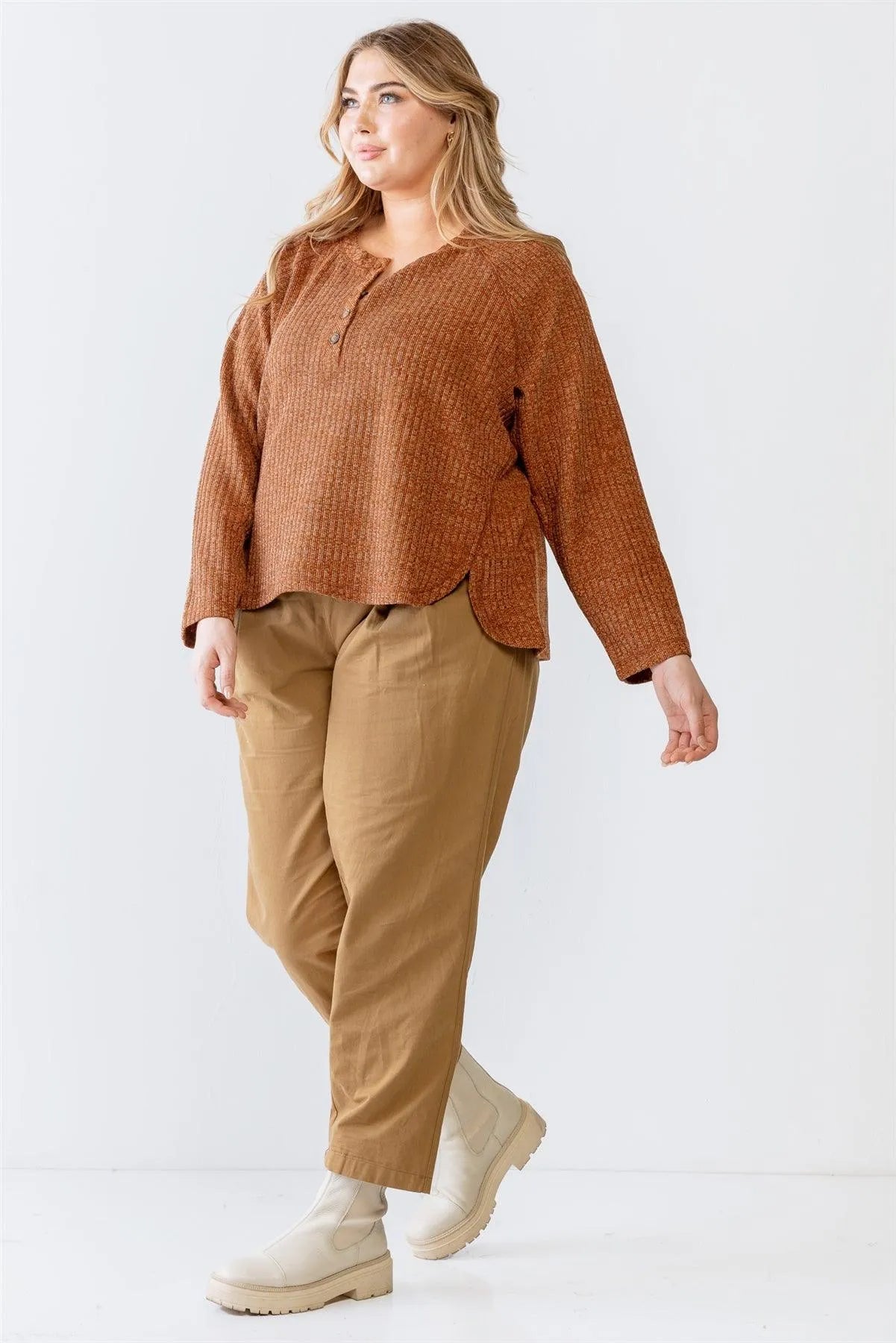 Junior Plus Rust Ribbed Button-Up Long Sleeve Sweater - Tasha Apparel Wholesale